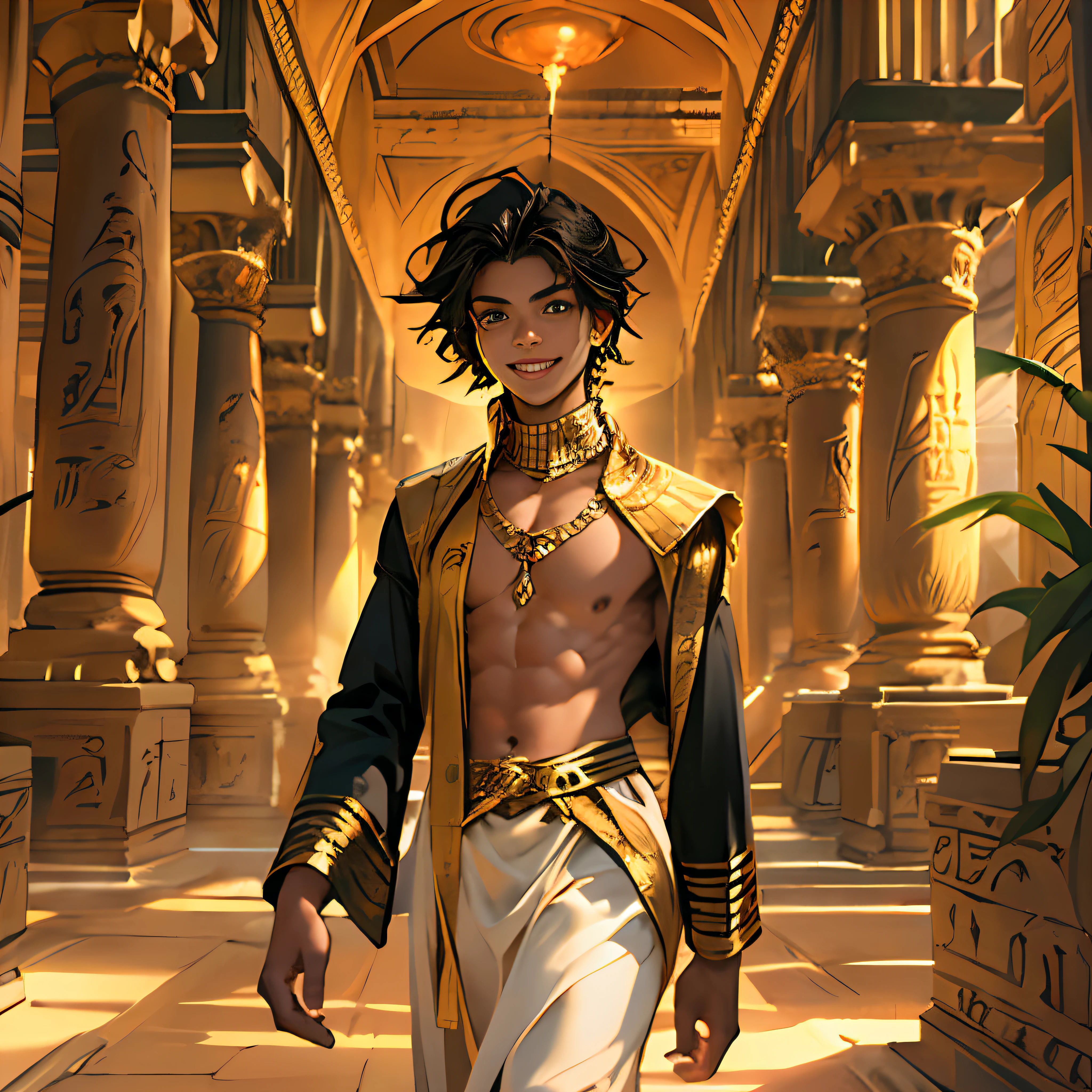 -yeld boalks smiling through the palaces of ancient Egypt black hair brown skin green eyes elegant black clothes with gold with bare chest wears red gold jewelry