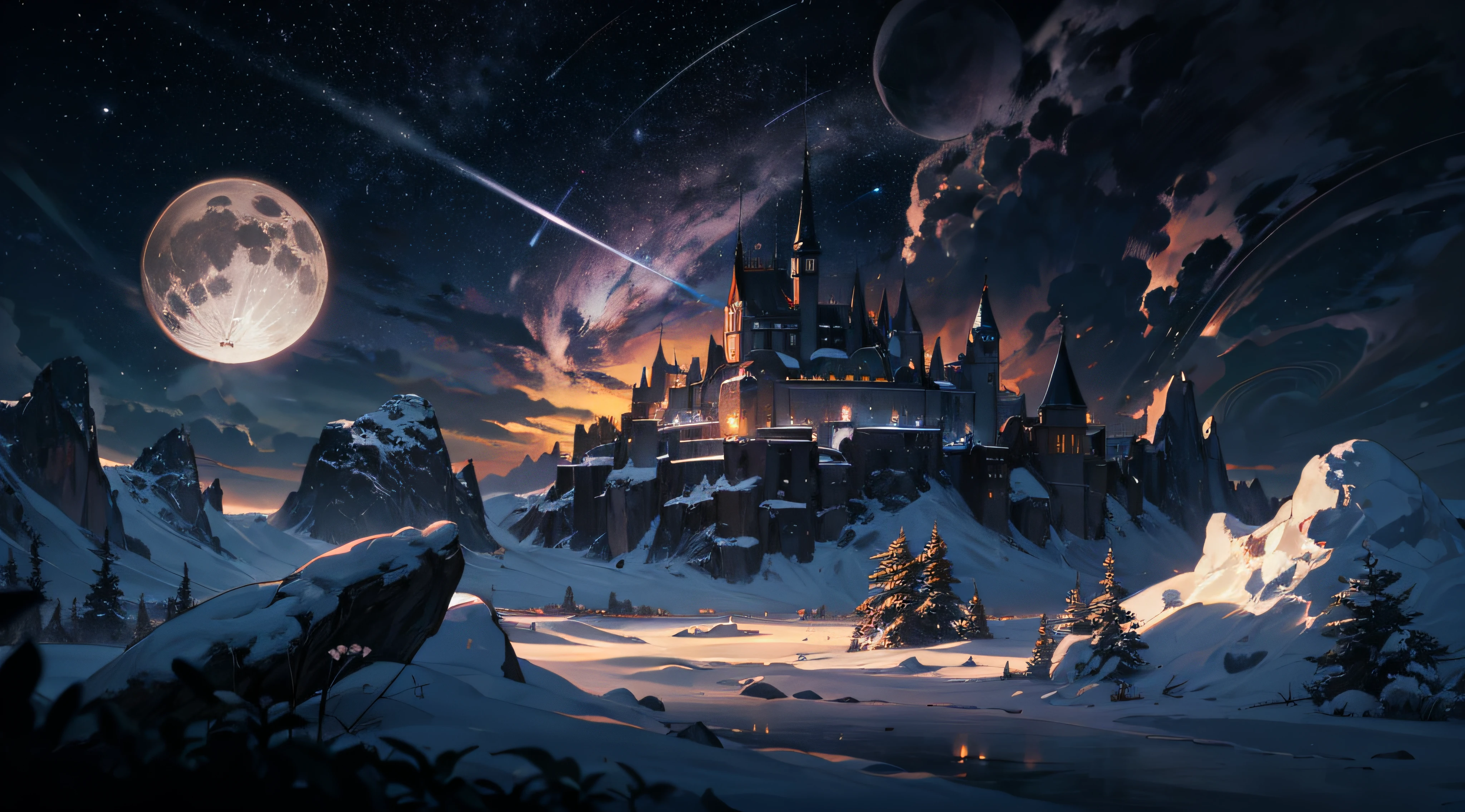 Expansive landscape photograph,(moon full:1.2),(meteors:0.9),(Starcloud:1.3),(Warm light source:1.2),(glowworm:1.2),lamp lights,Lots of purple and orange,Complicated details,Volumetriclighting,Realism BREAK(tmasterpiece:1.2),(best qualtiy),8K,Ultra-detailed,(dynamic compositions:1.4),The is very detailed,Colorful details,(Irridescent color:1.2),(luminouslighting,Atmospheric lighting),dream magical,magical,(独奏:1.2),((best qualtiy)), ((tmasterpiece)), (the detail:1.4),depth of fields,maximum definition and sharpness,perfectly proportions,Fluttering clouds,Wallpapers