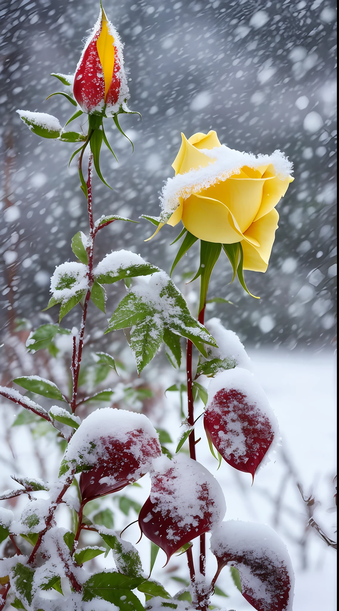 Yellow rose in the snow, Covered with snow, with frozen flowers around her, pale as the first snow of winter, Winter in the snow, Gentle snow, Still life with snow, Yellow rose, Cold but beautiful, Natural snowmelt in spring and winter, snow snow, during snowfall, Beautiful composition, in snow, In winter, cold snowy, In the snow