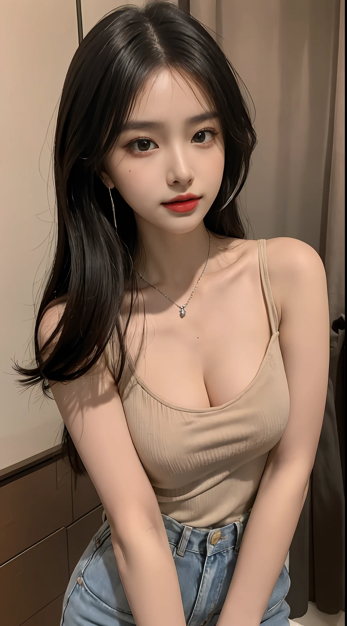 (tmasterpiece),Best quality at best,8K分辨率,3D,A beautiful girl,Wear suspenders,With a necklace,There is a beauty mole under the corner of the left eye ,perfect body figure,((Beautiful detailed face)),(full bodyesbian:1.2),Black color hair(Untidy),Delicate makeup,Redlip,Oily lips,long eyelasher,With silver earrings,Big bright eyes,eye shadows,Lying silkworm,cinmatic lighting,cute female child,Works of masters,high detal,The picture is colorful,Light and shadow details,Extremely delicate beautiful girl,Supple and fair skin,Exquisite facial features,s the perfect face,Stunning beauty,extremy detailed,Realistic details,face to the viewer,, sharp fokus:1.2, 1girll