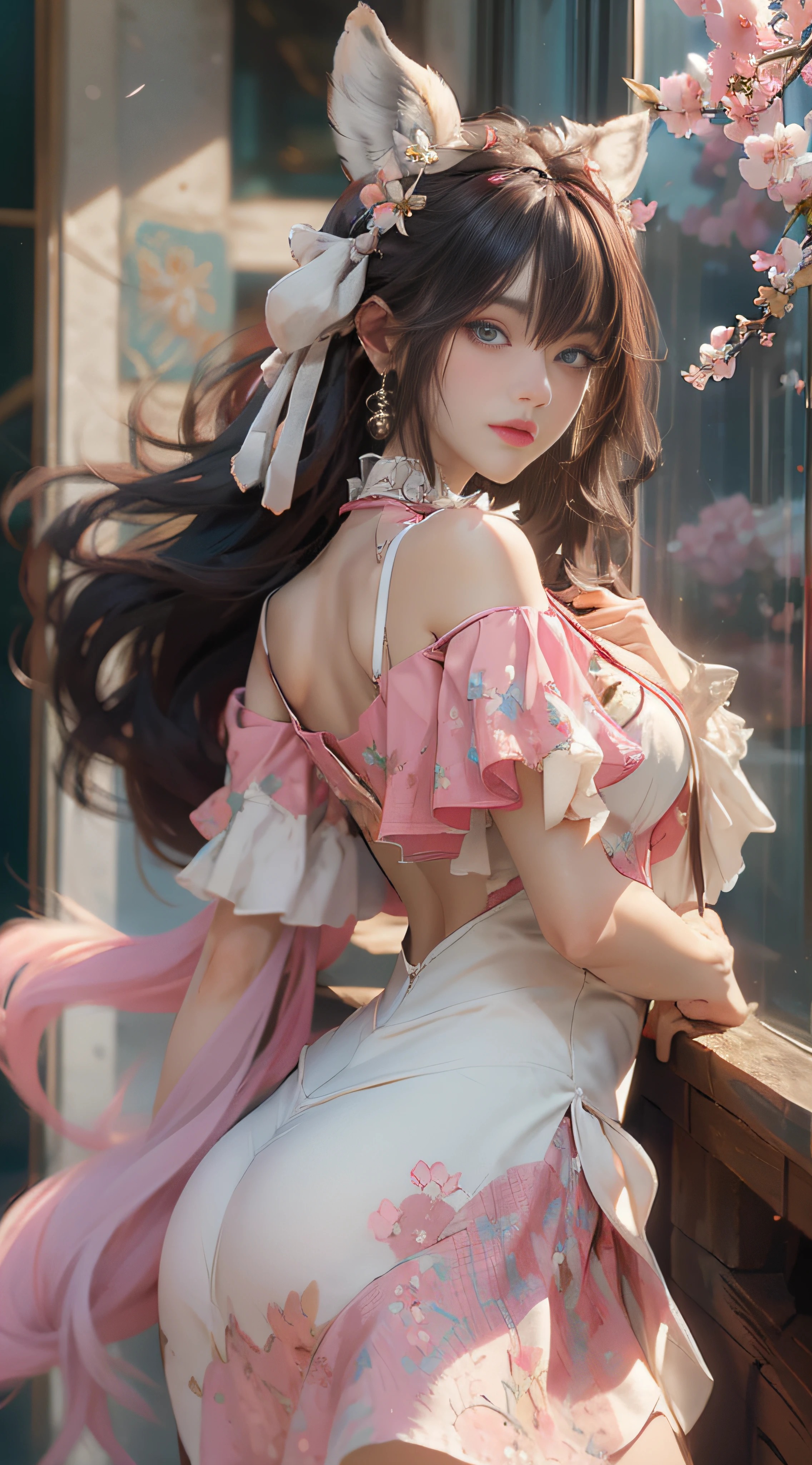 ((best qualtiy)), ((tmasterpiece)), (detail:1.4), Beautiful cyberpunk female images,hdr(HighDynamicRange),Ray traching,NVIDIA RTX,Hyper-Resolution,illusory 5,sub surface scattering,PBR textures,post-proces,Anisotropy Filtering,depth of fields,maximum definition and sharpness,Many-Layer Textures,Albedo e mapas Speculares,Surface coloring,Mitsu-Accurate simulation of material interactions,perfectly proportioned,rendering by octane,Two-colored light,largeaperture,Low ISO,White balance,Rule three points、8K raw data、Beautiful bright blue pupils,off-the-shoulder clothes,Fine pupils,Delicate face and eyes,long eyelasher,Blushlush,Delicate and fluffy hair,pink lip,Pure,Cute face,Sweet girl,Artistic sense,Casual wear,Advancedsense,butterflys,Cherry blossom petal,Beautiful hair accessories,Long hair and waist,Hair fluttering in the wind,Snow-white fox ears,curlies,Snow-white fluffy tail,Positive light,The light from the back window is backlighted
