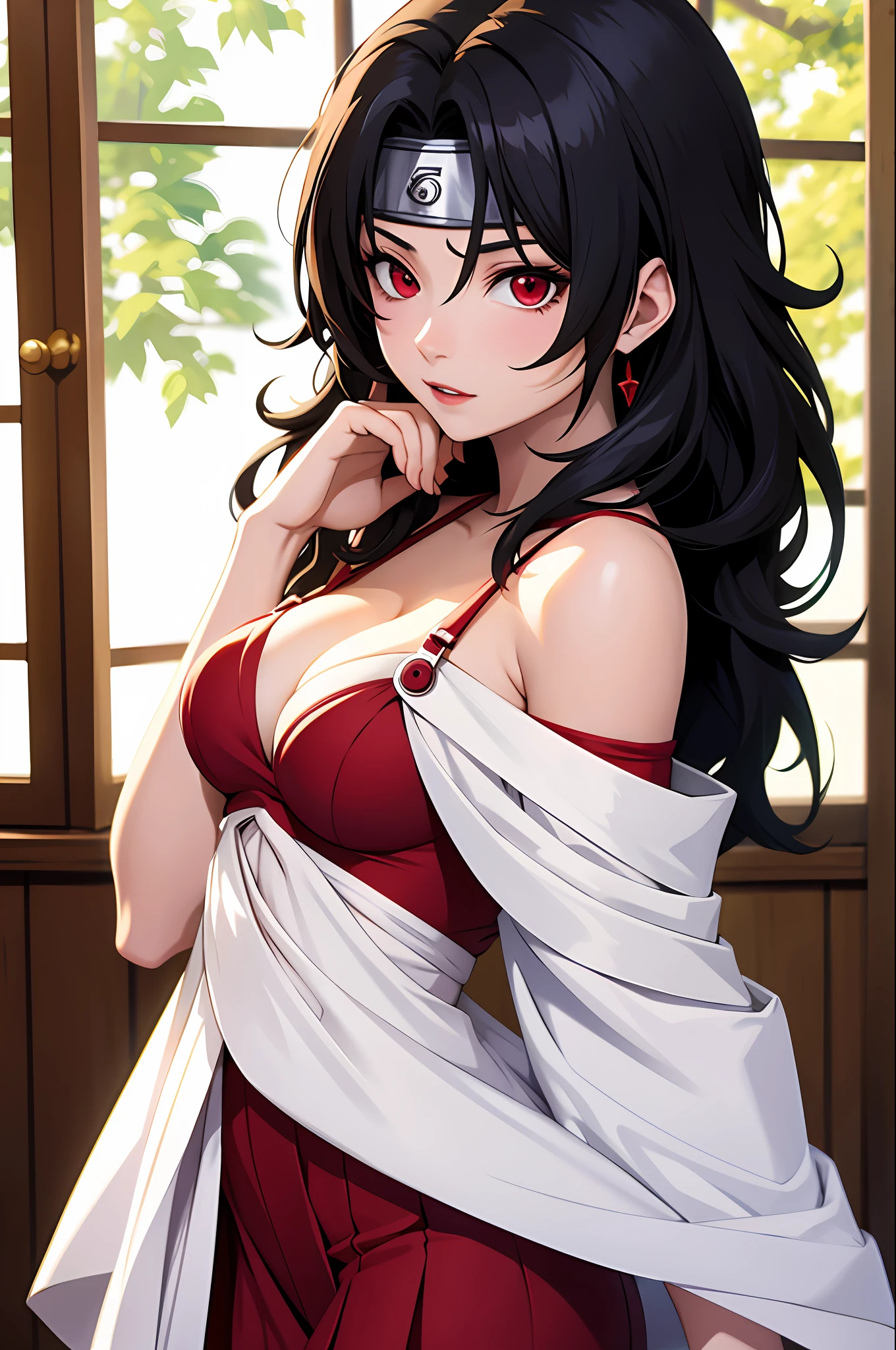 nar_kurenai_yuhi，Forehead protection，bandagens，full bodyesbian，red eyes，wariza，Off-the-shoulder attire，cleavage，little breast