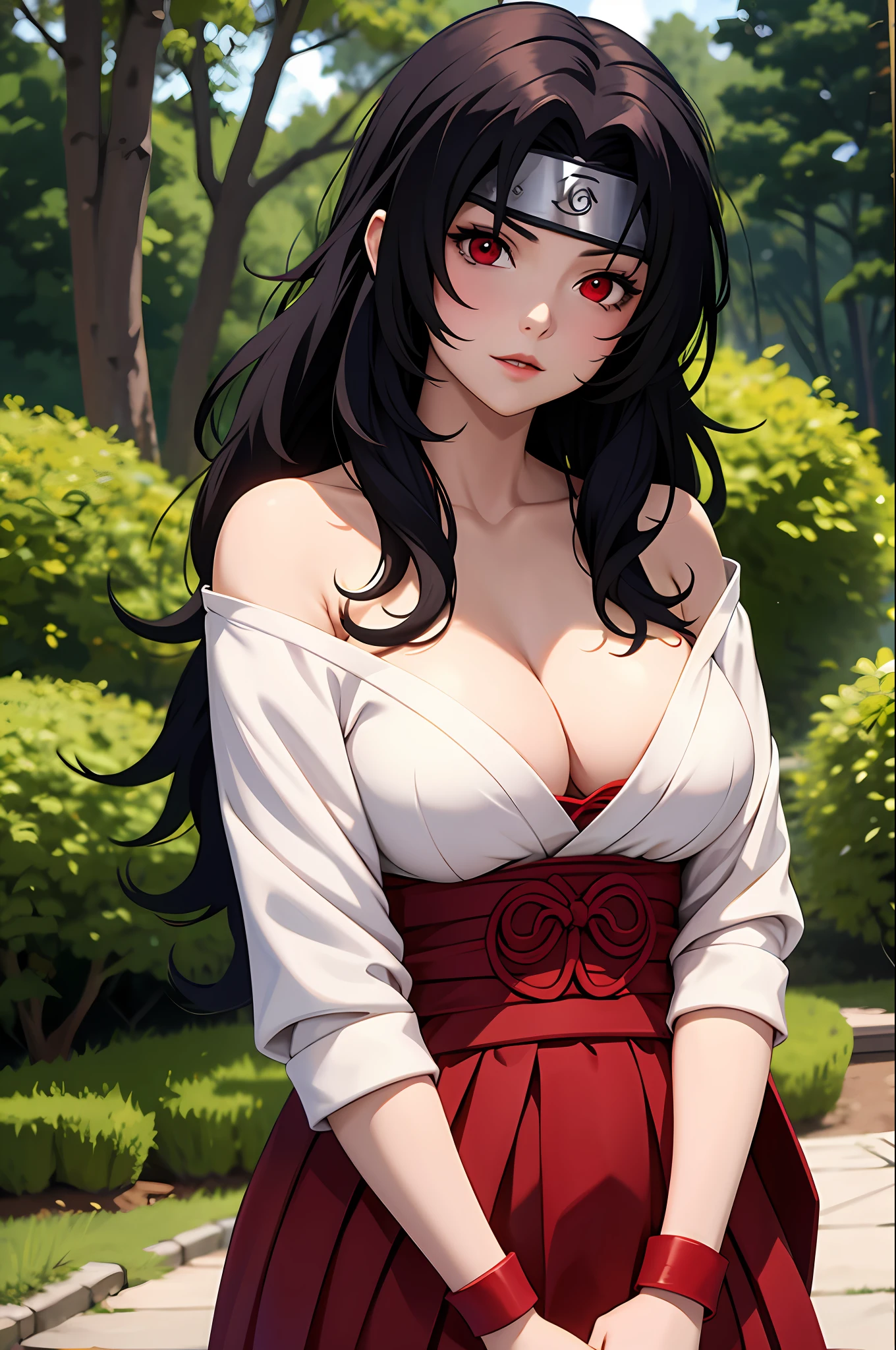 nar_kurenai_yuhi，Forehead protection，bandagens，full bodyesbian，red eyes，wariza，Off-the-shoulder attire，cleavage，little breast