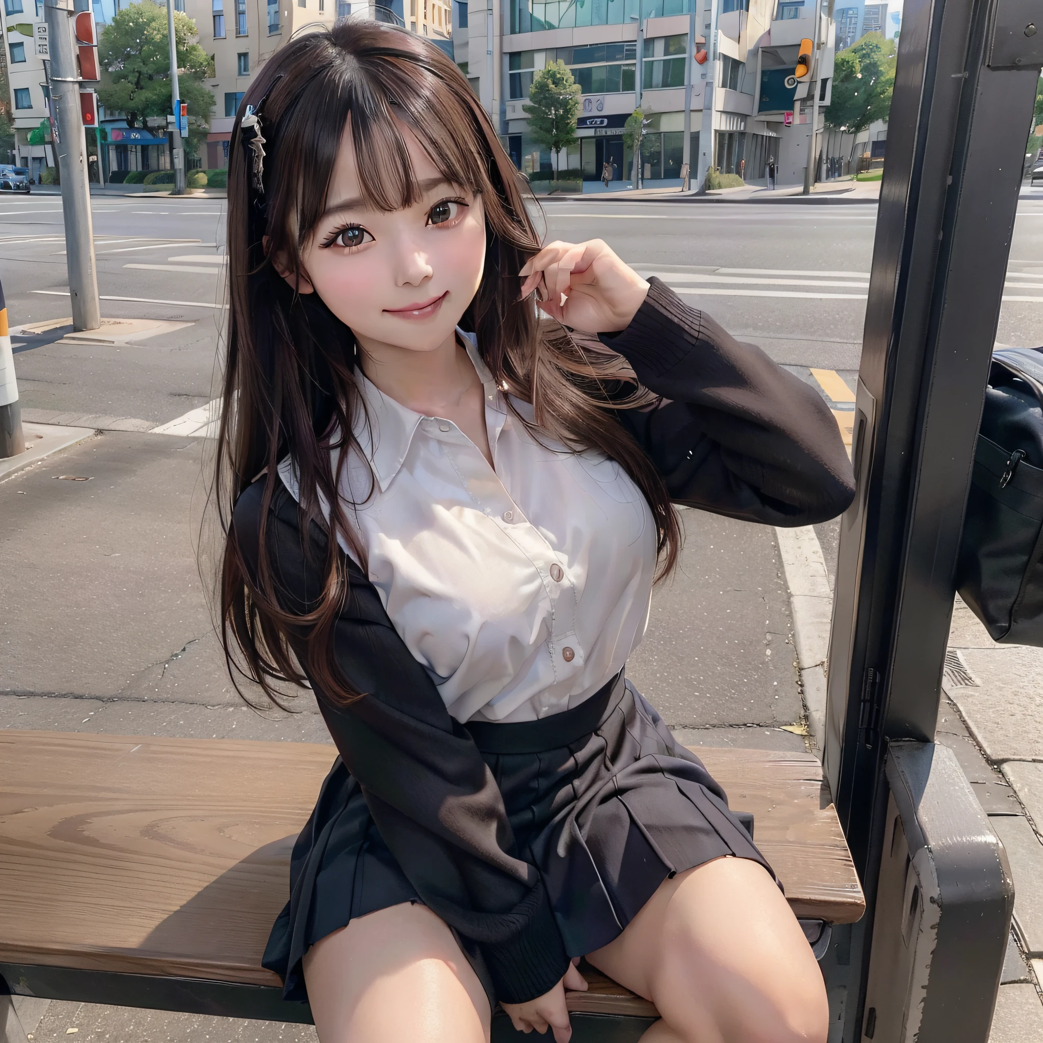 (Realistic, Photorealistic: 1.37), (Masterpiece), (Best Quality: 1.4), (Ultra High Resolution: 1.2), (RAW Photo: 1.2), (Sharp Focus: 1.3), (Facial Focus: 1.2), Elegant, (Full Body: 1.2), Best Quality, Masterpiece, (Realism: 1.2), A Girl, Brown Hair, Brown Eyes, Frontal, Detailed Face, Beautiful Eyes, Pleated Mini-Skirt School Uniform, Sitting at a Bus Stop (1.5), Biting Smile, Lots of Eyelashes, High Heels, Very pretty