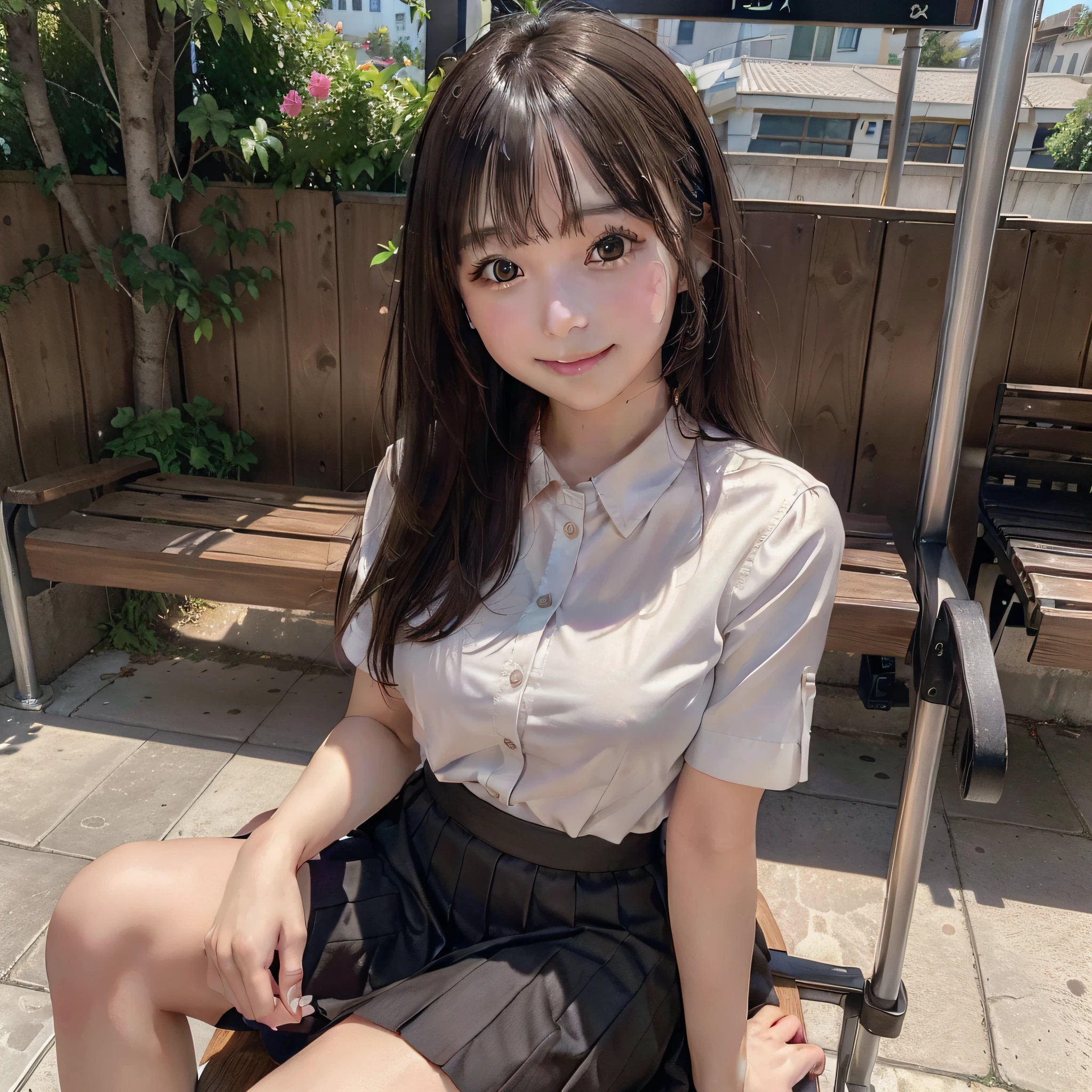 (Realistic, Photorealistic: 1.37), (Masterpiece), (Best Quality: 1.4), (Ultra High Resolution: 1.2), (RAW Photo: 1.2), (Sharp Focus: 1.3), (Facial Focus: 1.2), Elegant, (Full Body: 1.2), Best Quality, Masterpiece, (Realism: 1.2), A Girl, Brown Hair, Brown Eyes, Frontal, Detailed Face, Beautiful Eyes, Pleated Mini-Skirt School Uniform, Sitting at a Bus Stop (1.5), Biting Smile, Lots of Eyelashes, High Heels,  Very pretty