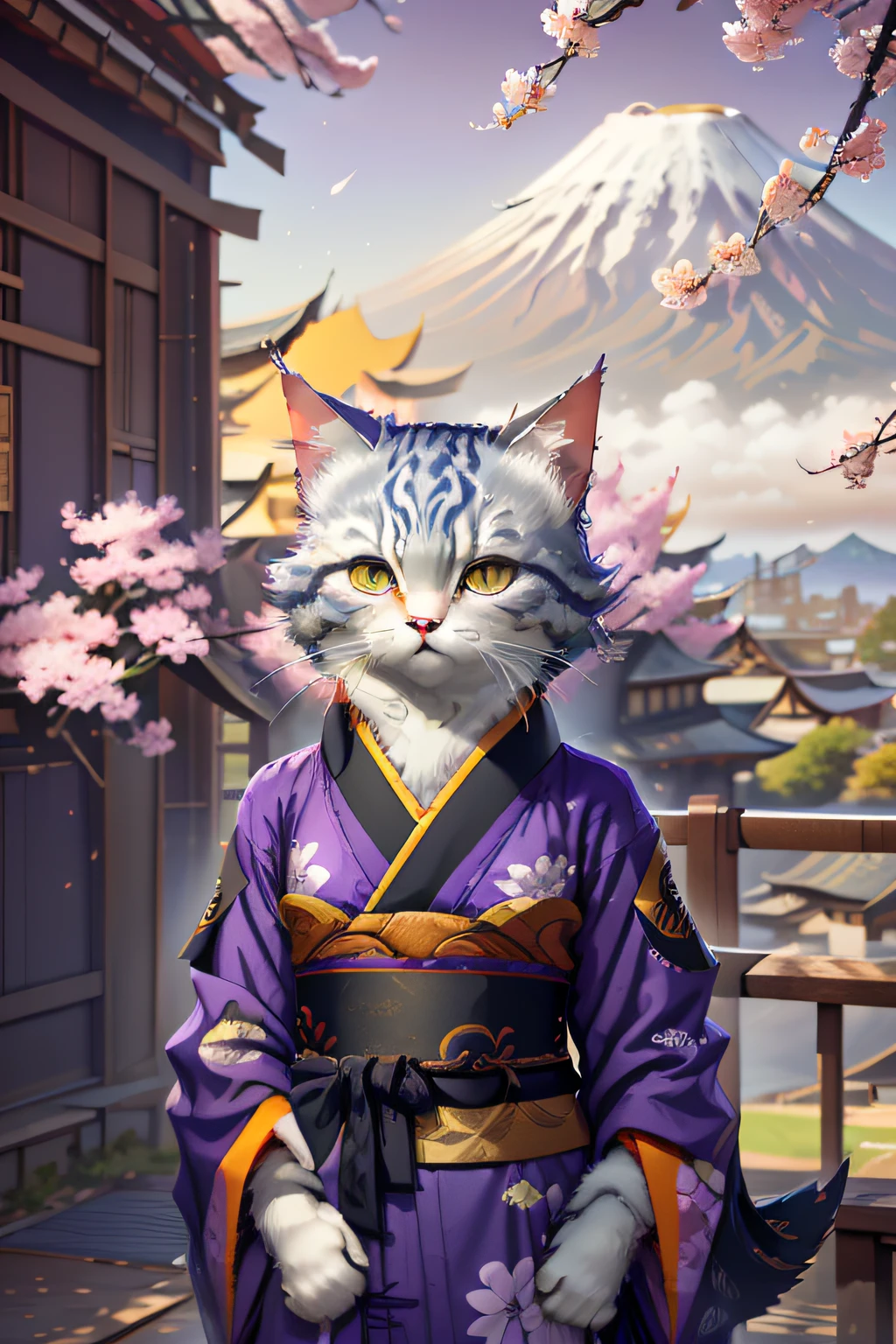 Close up photography （Silver tabby cat：1.2）anthropomorphic turtle， Wearing a purple kimono，SakuraNS，under a sakura tree，Mt. Fuji is in the background，（c4ttitude：） ultra-wide-angle， Ultra photo realsisim， intricately details， （Mist：1.1），