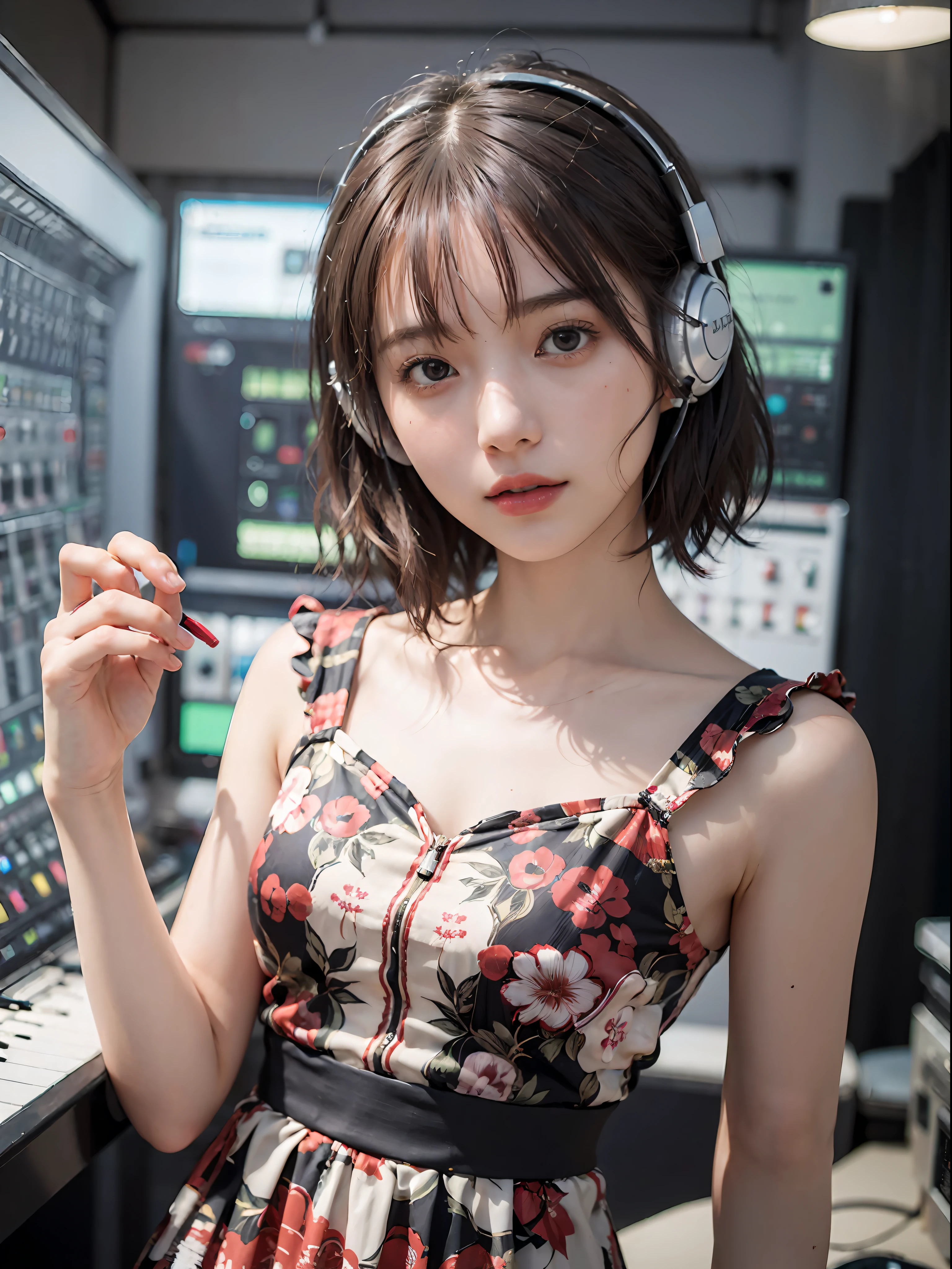 Best Quality, masutepiece, (Photorealistic:2), Ultra High Resolution, Highly detailed, A hyper-realistic, 1girl in, ((Red headphones)), (Longer dress), Floral pattern, colourfull_hair、(((very_Short_hair))), Short hair, Slim body, Full Shot, Looking at Viewer, ((Music Studio)), Bright atmosphere, spot light, Detailed background