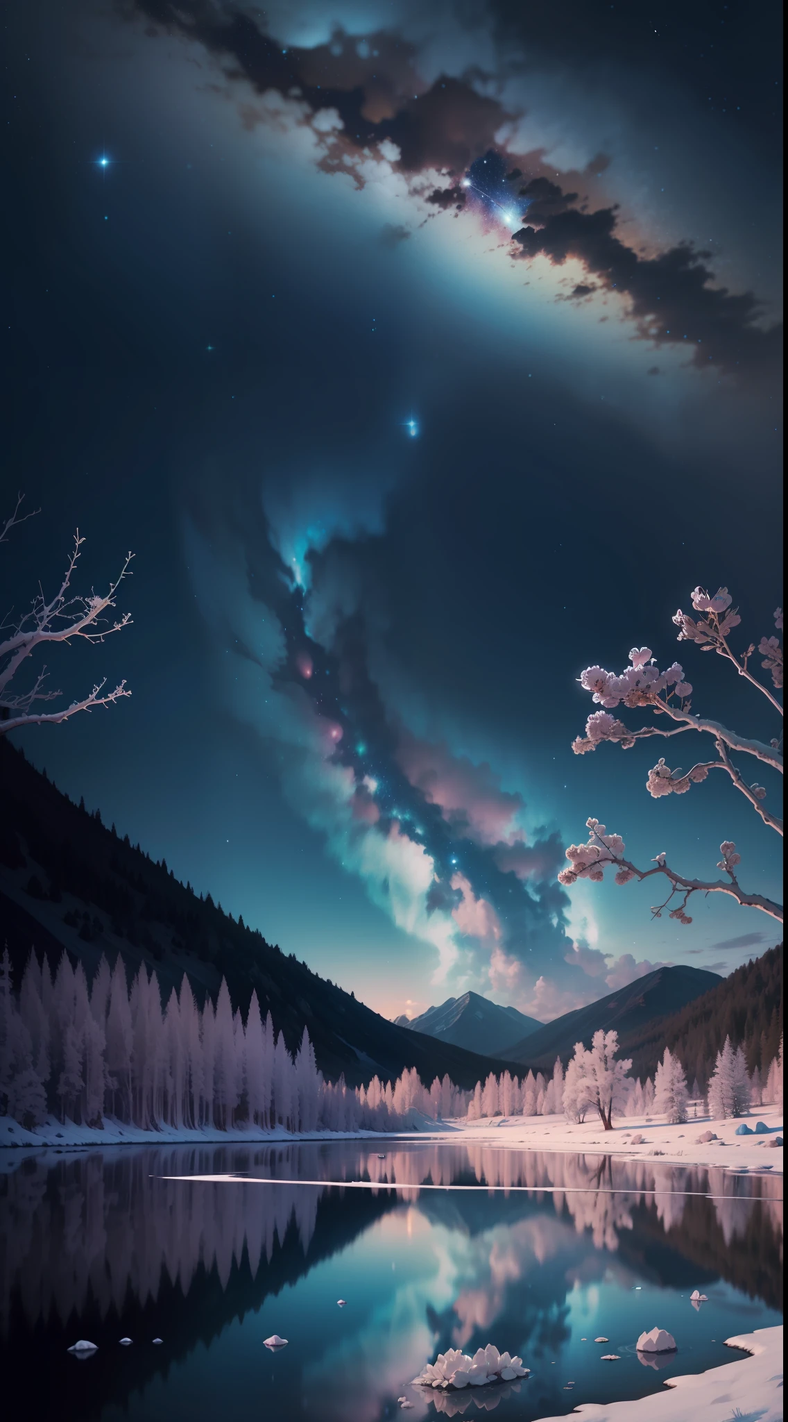 Paisagem nevada, flores de gelo azuis, lago cristalino congelado, Clear and very beautiful night sky, imagem extremamente detalhada