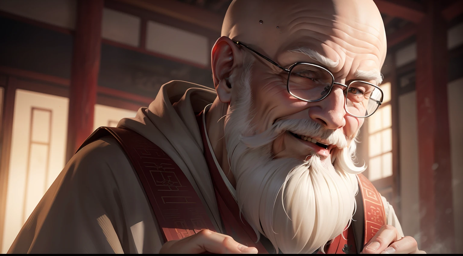 wise old bald man, His beard is white and long, He is smiling and harmonious, he is in a robe in a Chinese temple, ultrarealista e detalhado -- 4K
