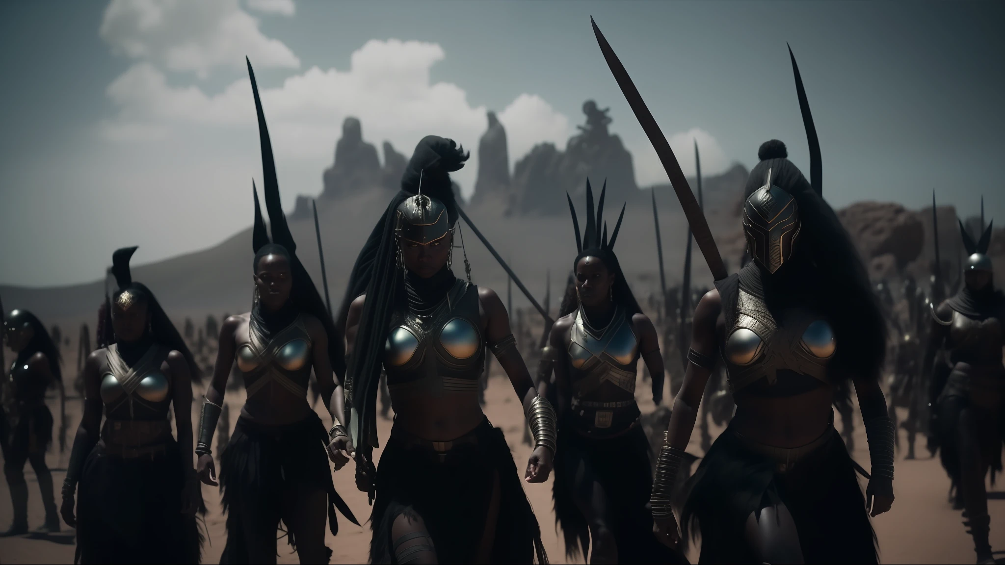 Arafed group of women in warrior costumes standing in a desert, na captura de tela do filme 300, 8 k filme ainda, ainda de um filme de fantasia, Wakanda, filme ainda 8K, Ainda de um filme de Ridley Scott, ainda de um filme live action, Filmado de Cinematic, cinematic goddess shot, membros da tribo atacando, Filme 4k ainda
