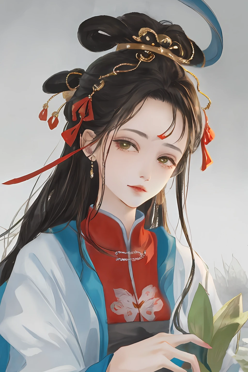 Ancient Chinese beauties flying in the sky，wearing ancient Chinese costume，Flowing tulle，Light silk，Lazy posture，large lotus leaf，lotuses，Ink painting style，clean color，Decisive cut，Leave white space，impressionistic，tmasterpiece，ultra-detailliert，Epic composition, high qulity, HighestQuali, 4K --v 6