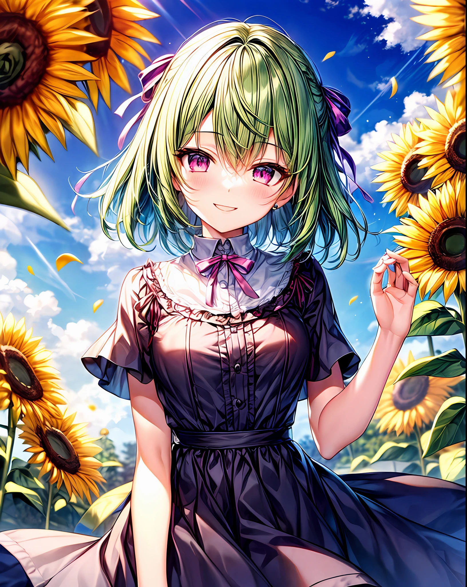 (​masterpiece、top-quality)、1girl in、short-hair、Hairstyle with one ear out、yellow-green hair、a smile、Pink eyes、Ribbons in the hair、Short-sleeved shirt、pleatedskirt、Sunflowers in the park、insight、cute  face、rays of sunshine、Ribbons on clothes、is standing