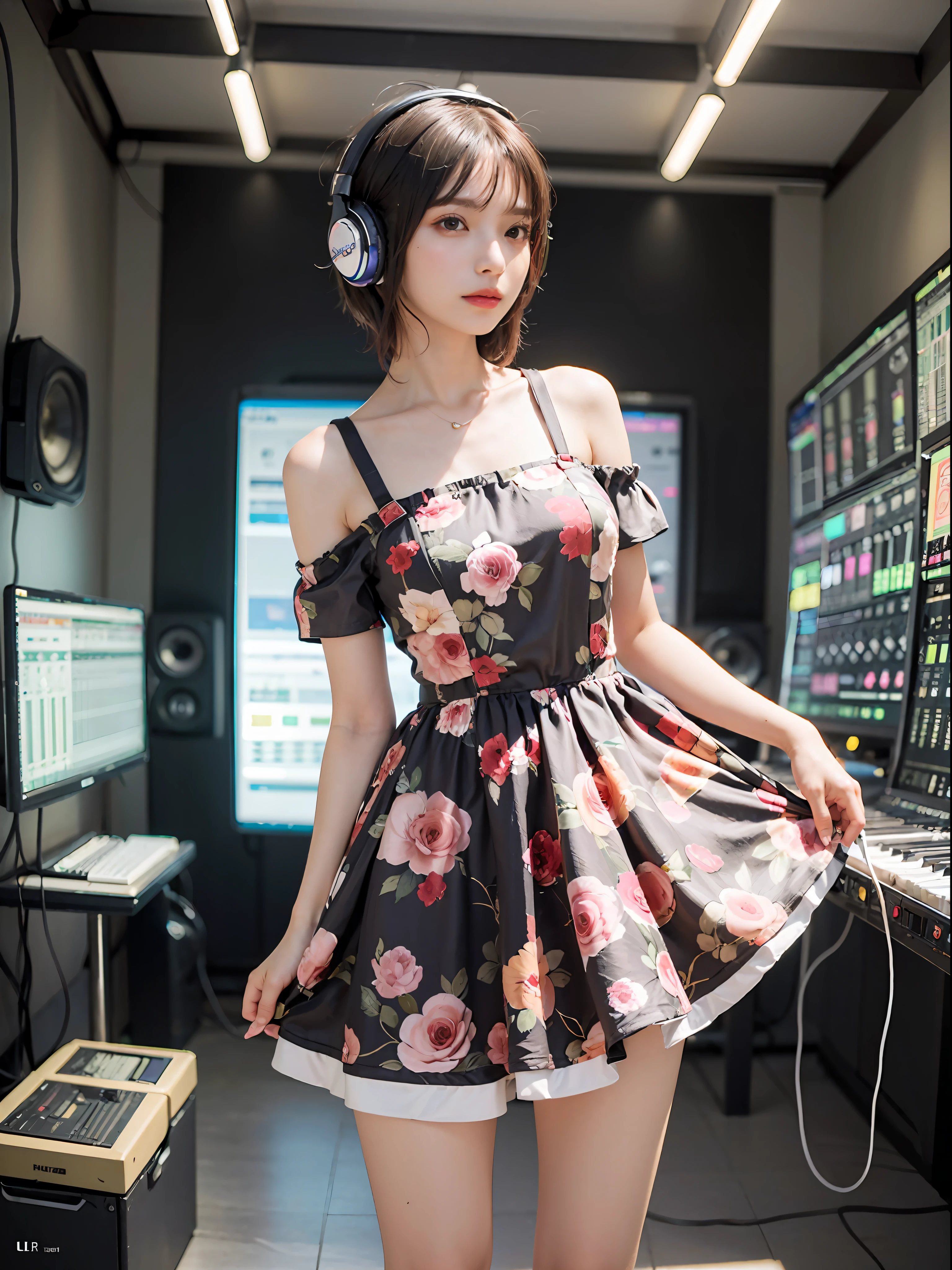 Best Quality, masutepiece, (Photorealistic:2), Ultra High Resolution, Highly detailed, A hyper-realistic, 1girl in, ((Red headphones)), (Longer dress), Floral pattern, colourfull_hair、(((very_Short_hair))), Short hair, Slim body, Full Shot, Looking at Viewer, ((Music Studio)),  Bright atmosphere, spot light, Detailed background