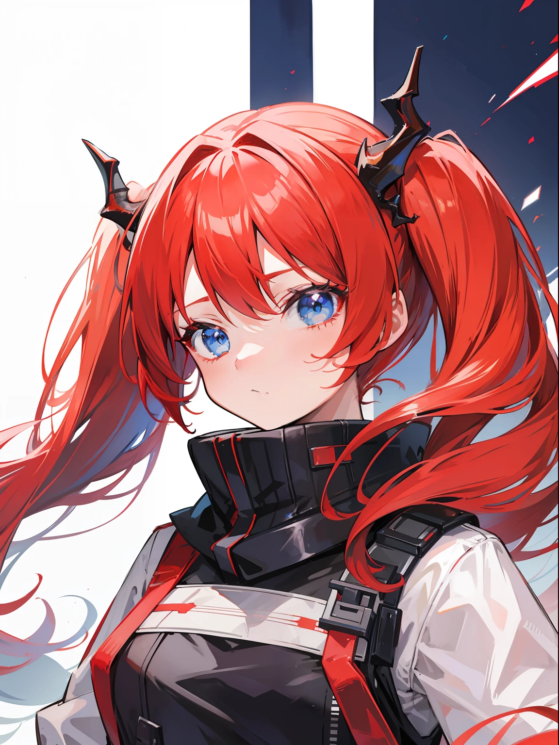 red hair, blue eyes, twintails,,solo,1 girl,Arknights,Dragon horns,cute face