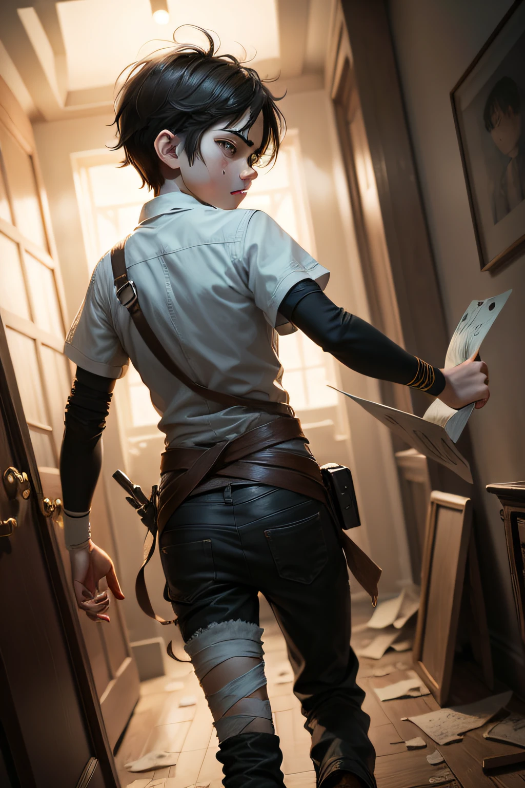 2d card standing painting escape wound bandage fleeing boy illusory background look back dust servant