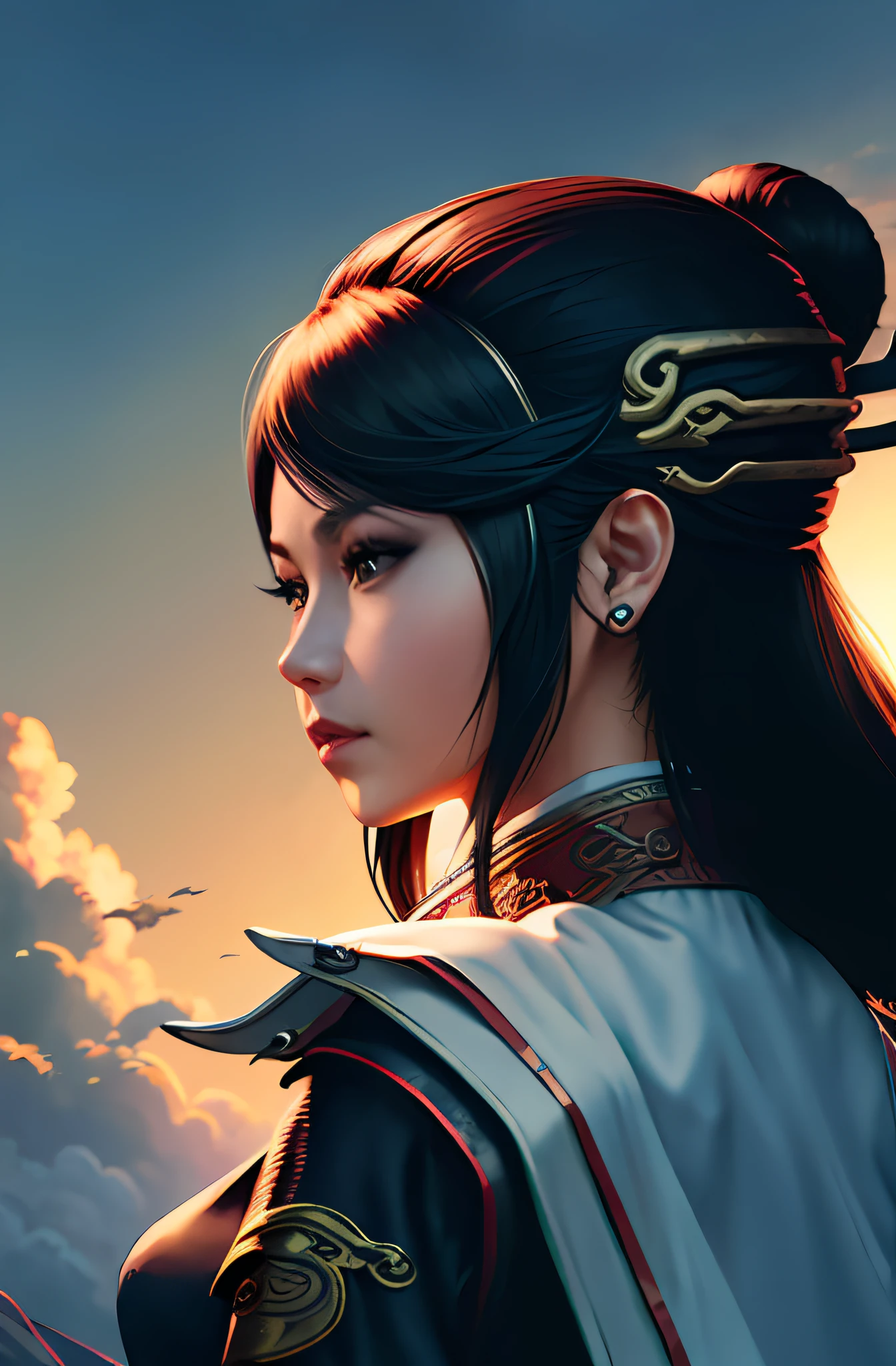 (A girl,A masterpiece of 8K graphics,Final Fantasy Fantasy Lights,Solo,Black Chinese clothing,black colored fabric,Clouds,Powerful Dragon Shadow)