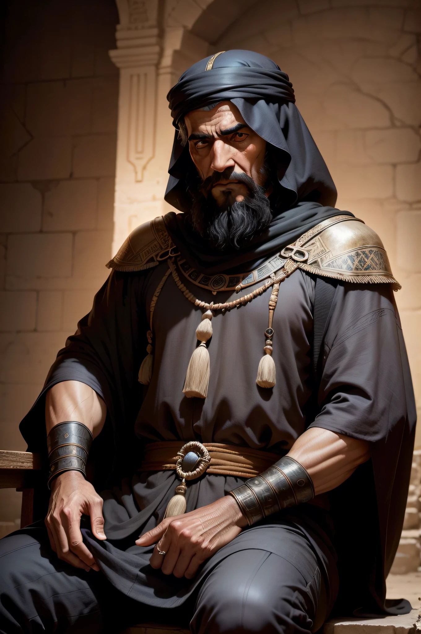 an ancient Arab man seated, rosto misterioso, dark backdrop
