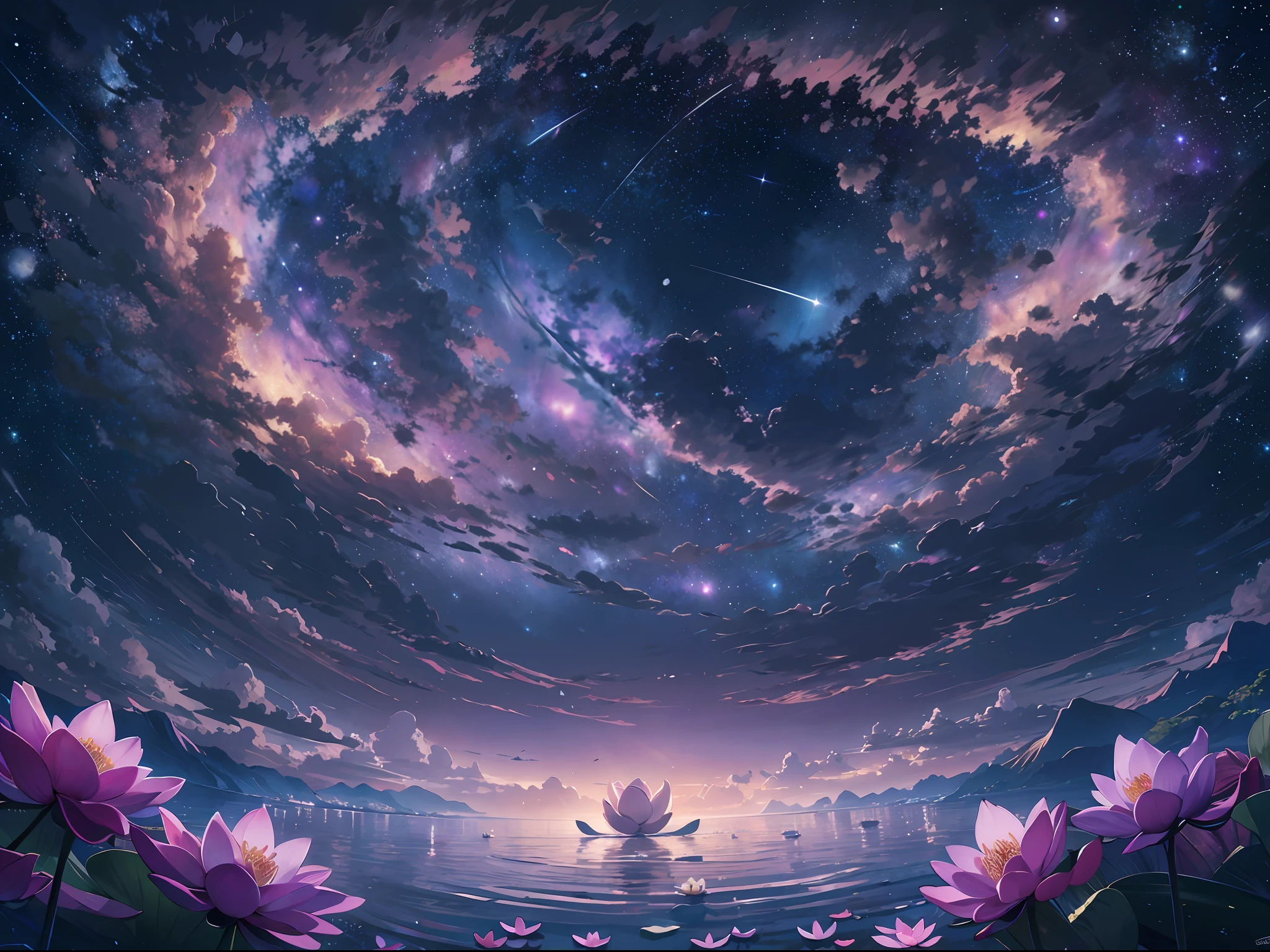 Ridiculous resolution, A high resolution, (masterpiece:1.4), ultra - detailed,,The purple Milky Way and a sky full of stars , Lotus flowers under the stars，Upside-down space, afloat，Viewing angle from afar