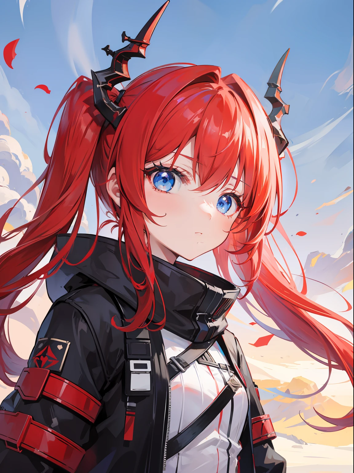 red hair, blue eyes, twintails,loli,solo,1 girl,Arknights,Dragon horns,cute face