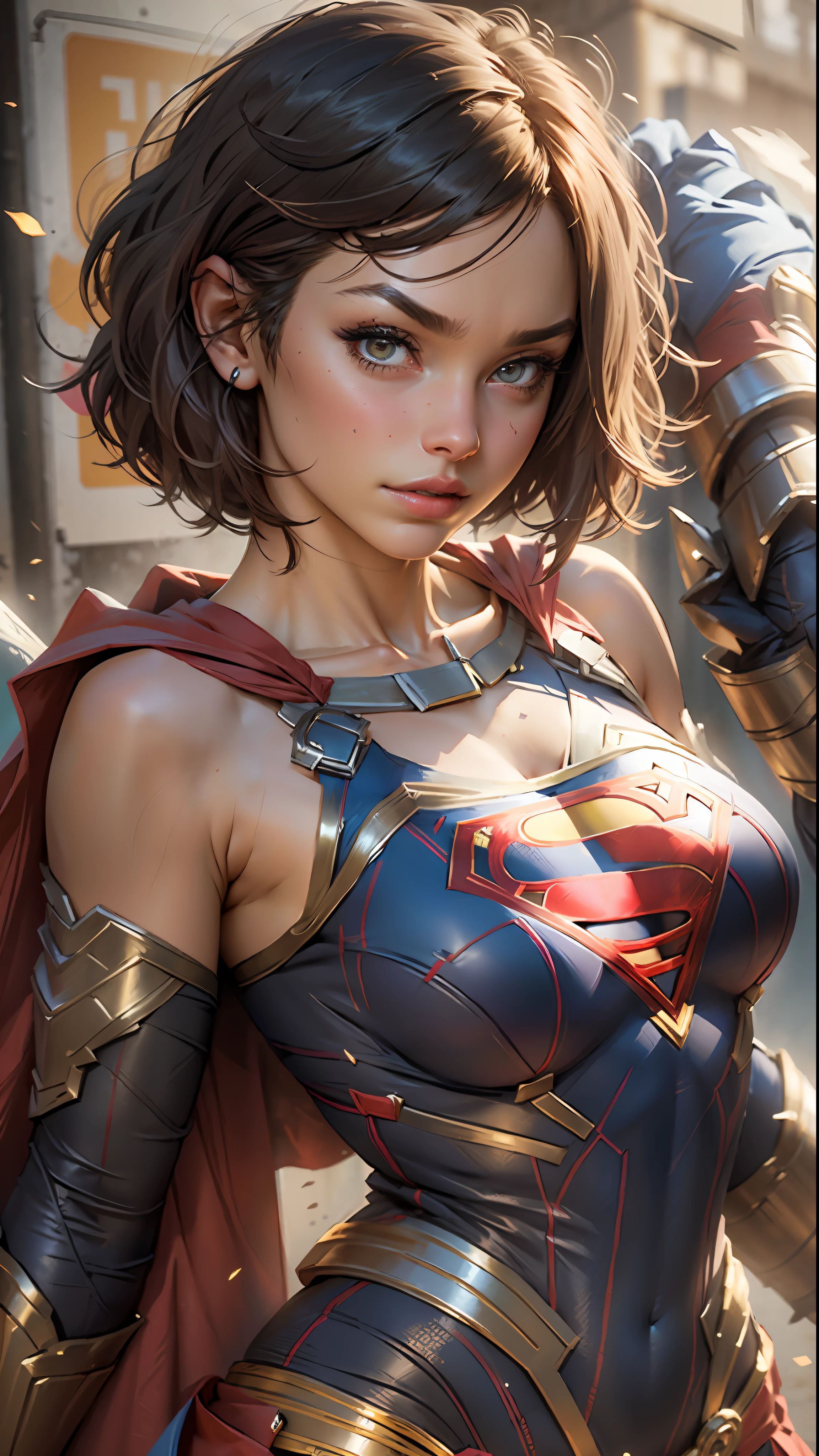 (female character, attractive character, short hair, defined body, large breasts), Supergirl cosplay.