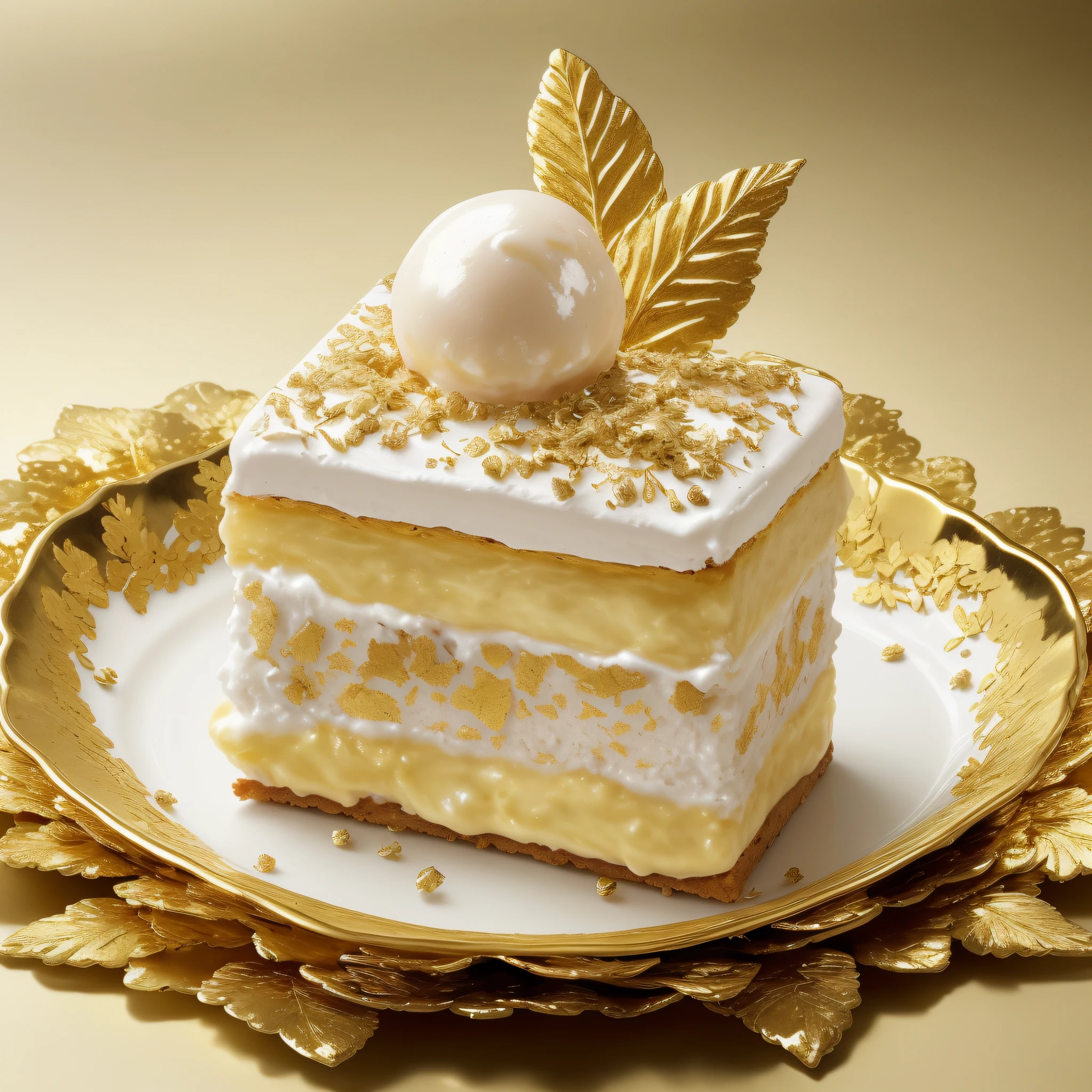 there is a icecream sandwich on a plate with a gold leaf decoration, gold and pearls, gold and white, white and gold, napoleon, gold leaf, award-winning crisp details”, award - winning crisp details ”, gold flakes, gilded with gold, ornate with gold trimmings, cake art, white and gold color scheme, decadent, culinary art photography, touches of gold leaf