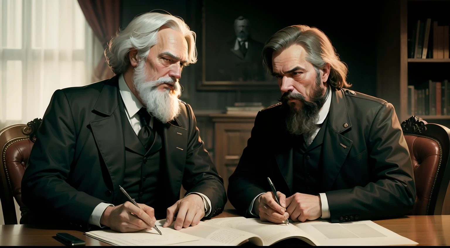 karl marx e friedrich engels conversando [hiperrealista] [cinematic tone]