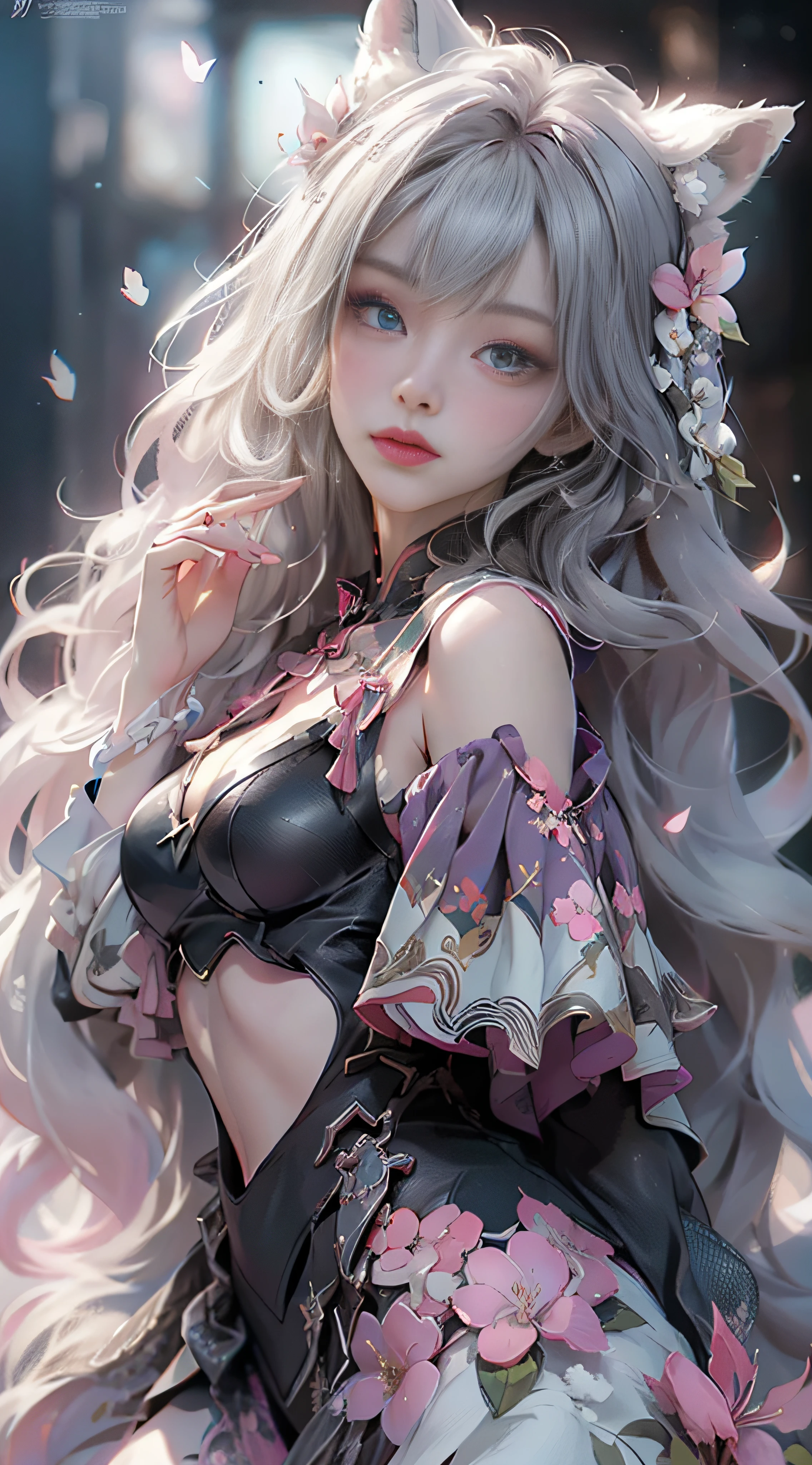 ((best qualtiy)), ((tmasterpiece)), (detail:1.4), Beautiful cyberpunk female images,hdr(HighDynamicRange),Ray traching,NVIDIA RTX,Hyper-Resolution,illusory 5,sub surface scattering,PBR textures,post-proces,Anisotropy Filtering,depth of fields,maximum definition and sharpness,Many-Layer Textures,Albedo e mapas Speculares,Surface coloring,Mitsu-Accurate simulation of material interactions,perfectly proportioned,rendering by octane,Two-colored light,largeaperture,Low ISO,White balance,Rule three points、8K raw data、Beautiful bright blue pupils,off-the-shoulder clothes,Fine pupils,Delicate face and eyes,long eyelasher,Blushlush,Delicate and fluffy hair,pink lip,Pure,Cute face,Sweet girl,Artistic sense,Casual wear,Advancedsense,butterflys,Cherry blossom petal,Beautiful hair accessories,Long hair and waist,Hair fluttering in the wind,Snow-white fox ears,curlies,Snow-white fluffy tail,Positive light,The light from the back window is backlighted