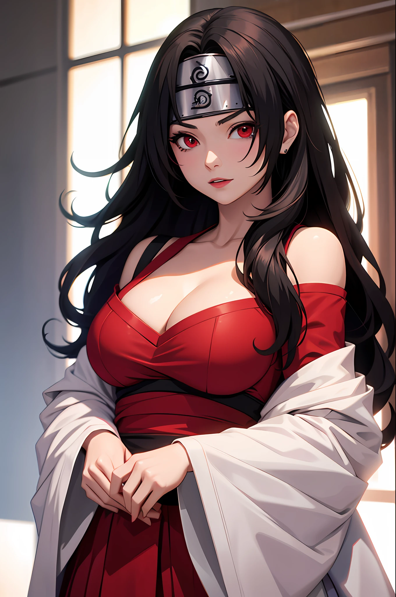 nar_kurenai_yuhi，Forehead protection，bandagens，full bodyesbian，red eyes，wariza，Off-the-shoulder attire，cleavage，little breast