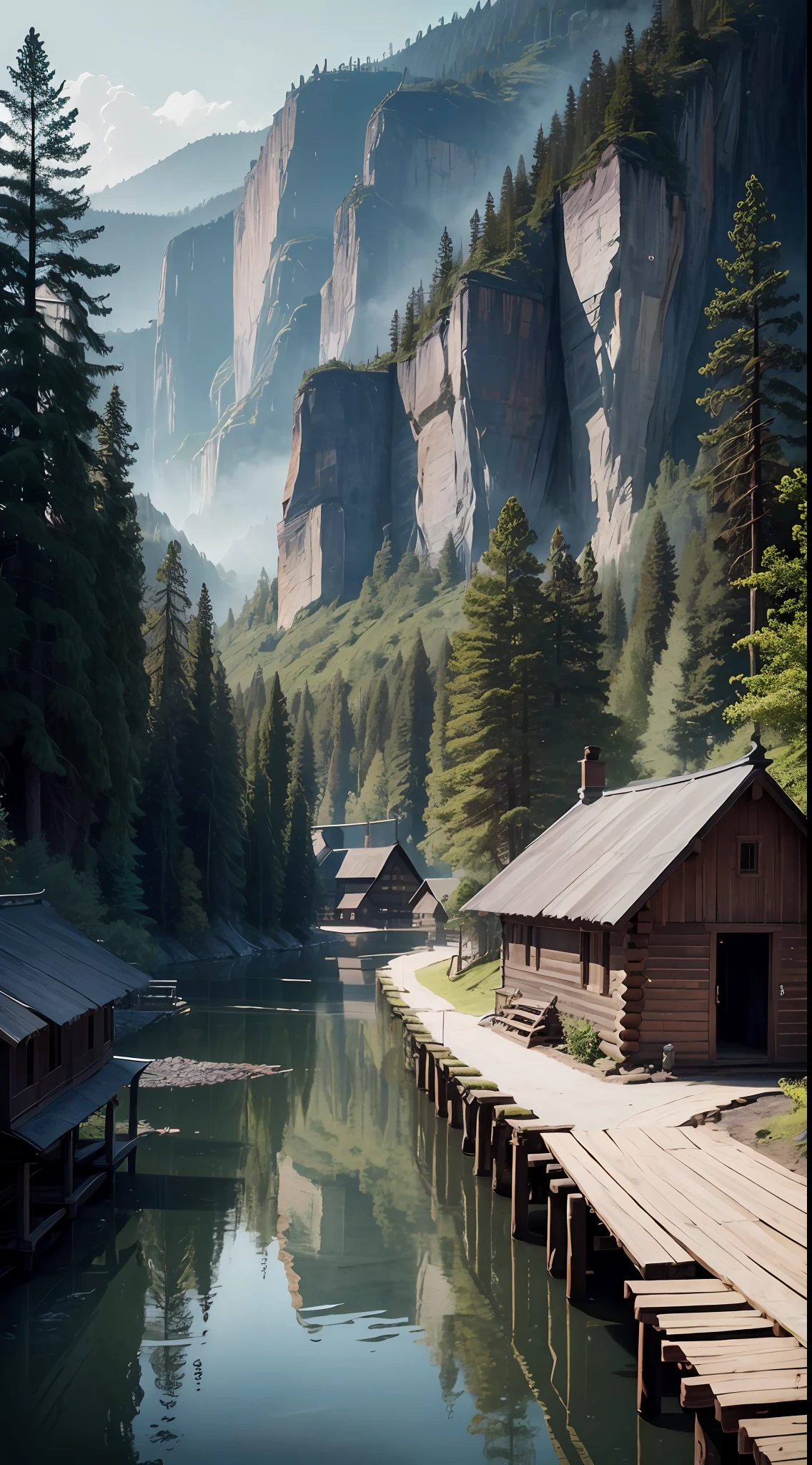village, wooden log houses, palisade wall, surrounded by water, Dark dense forest around. Dark wood.