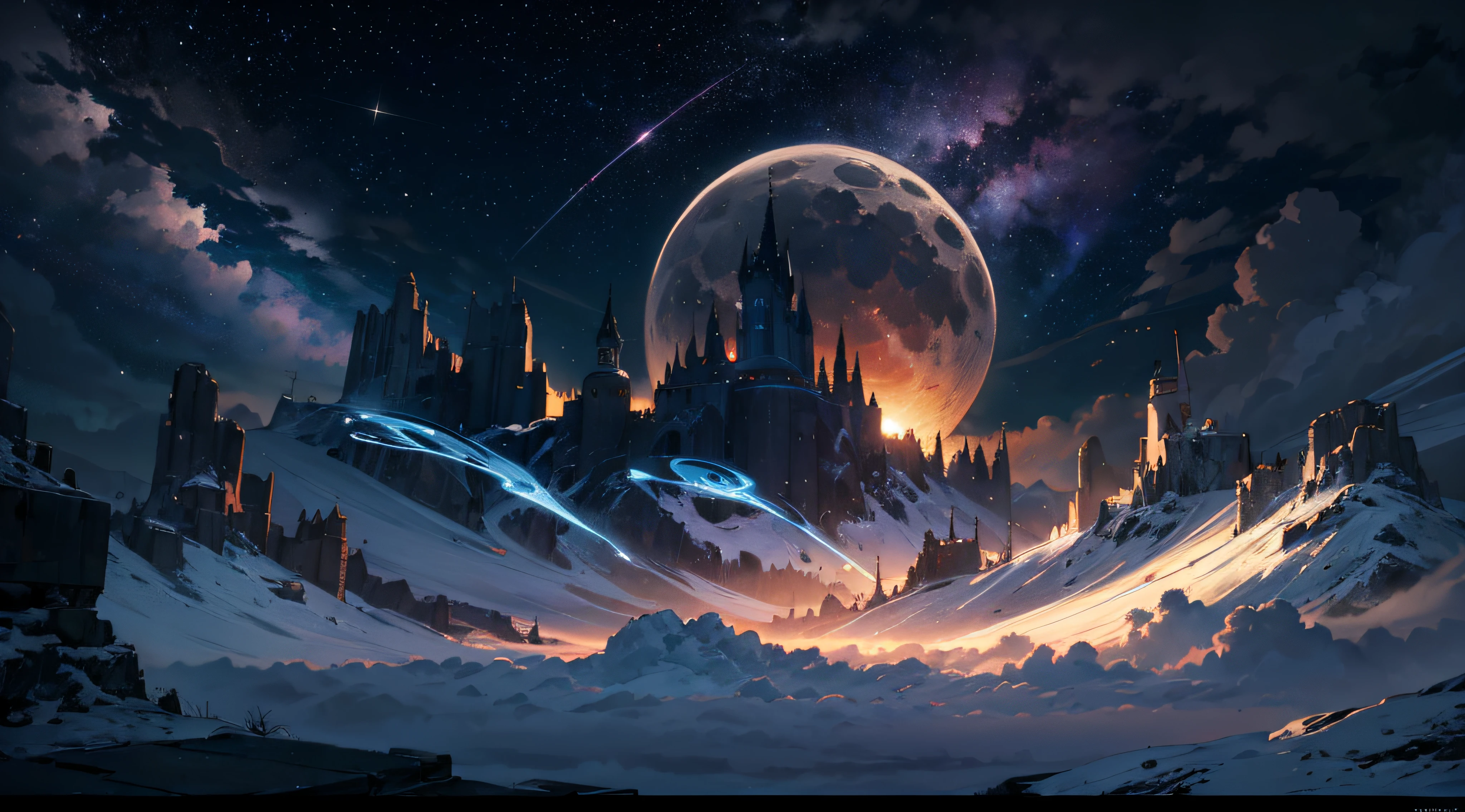 Expansive landscape photograph,(moon full:1.2),(meteors:0.9),(Starcloud:1.3),(Warm light source:1.2),(glowworm:1.2),lamp lights,Lots of purple and orange,Complicated details,Volumetriclighting,Realism BREAK(tmasterpiece:1.2),(best qualtiy),8K,Ultra-detailed,(dynamic compositions:1.4),The is very detailed,Colorful details,(Irridescent color:1.2),(luminouslighting,Atmospheric lighting),dream magical,magical,(独奏:1.2),((best qualtiy)), ((tmasterpiece)), (the detail:1.4),depth of fields,maximum definition and sharpness,perfectly proportions,Fluttering clouds,Wallpapers
