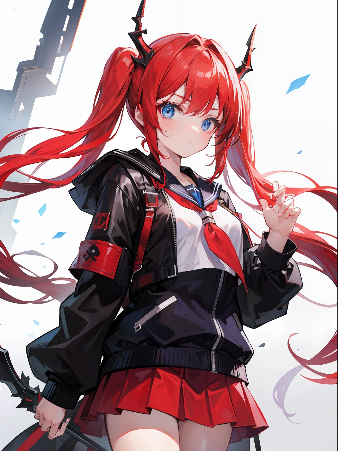 red hair, blue eyes, twintails,Sailor suit,Dragon horns,coat,red Pleated skirt,solo,1girl, arknights, long hair, ,