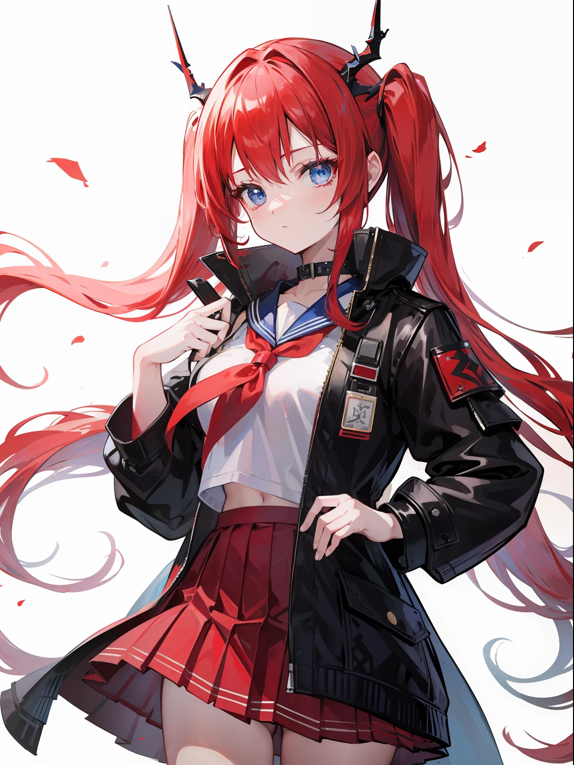 red hair, blue eyes, twintails,Sailor suit,Dragon horns,coat,red Pleated skirt,solo,1girl, arknights, long hair, loli,