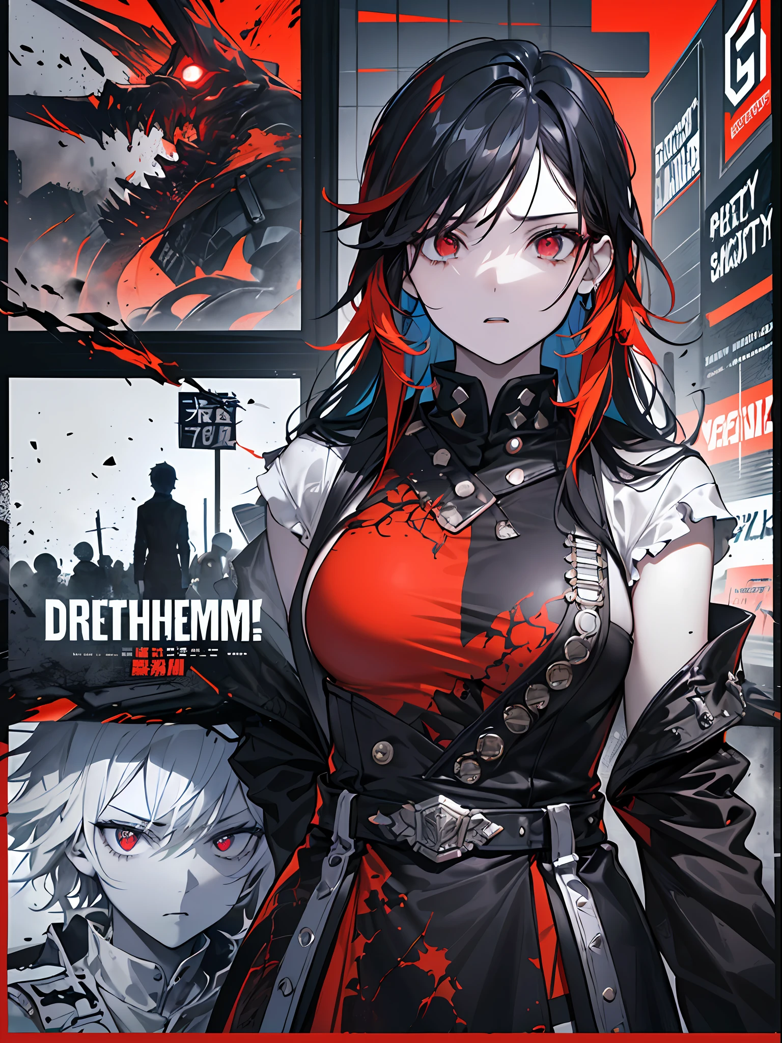 ((((Dramatic)))、(((gritty)))、(((vehement)))Movie poster featuring a young woman as the main character。She wears stylish and edgy clothes、Stand confidently in the center of the poster。Dressed in costume、I have a look of determination on my face。The background is dark and gritty.、Feeling danger and intensity。Text is bold and attention-grabbing、The catchy tagline is、Enhances the overall sense of drama and excitement。The color palette is predominantly dark、Studded with bright colors.、It gives the poster a dynamic and visually striking look。Deep red eyes