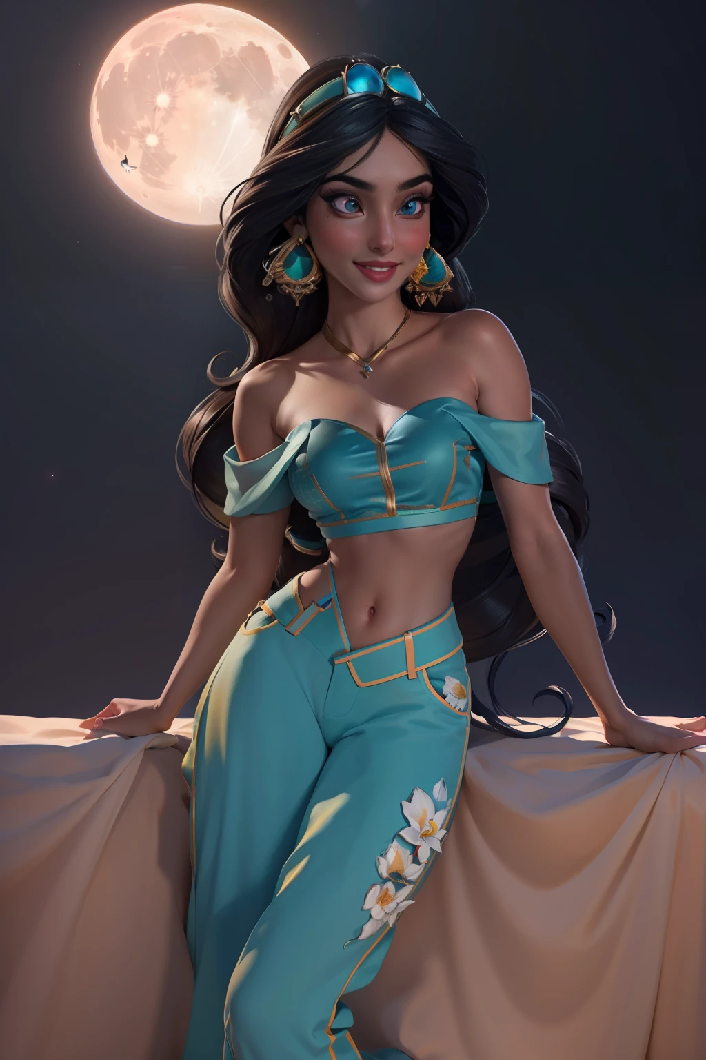 jasmine 1girl, solo, looking at viewer, smile, shirt, bare shoulders, jewelry, sitting, full body, flower, earrings, pants, off shoulder, crop top, makeup, bird, border, moon, full moon, off-shoulder shirt (realistic:1.2), (realism), (masterpiece:1.2), (best quality), (ultra detailed), (8k, 4k, intricate),(full-body-shot:1), (85mm),light particles, lighting, (highly detailed:1.2),(detailed face:1.2), (gradients), sfw, colorful,(detailed eyes:1.2)(detailed background),detailed landscape, (dynamic angle:1.2), (dynamic pose:1.2), (rule of third_composition:1.3), (Line of action:1.2)