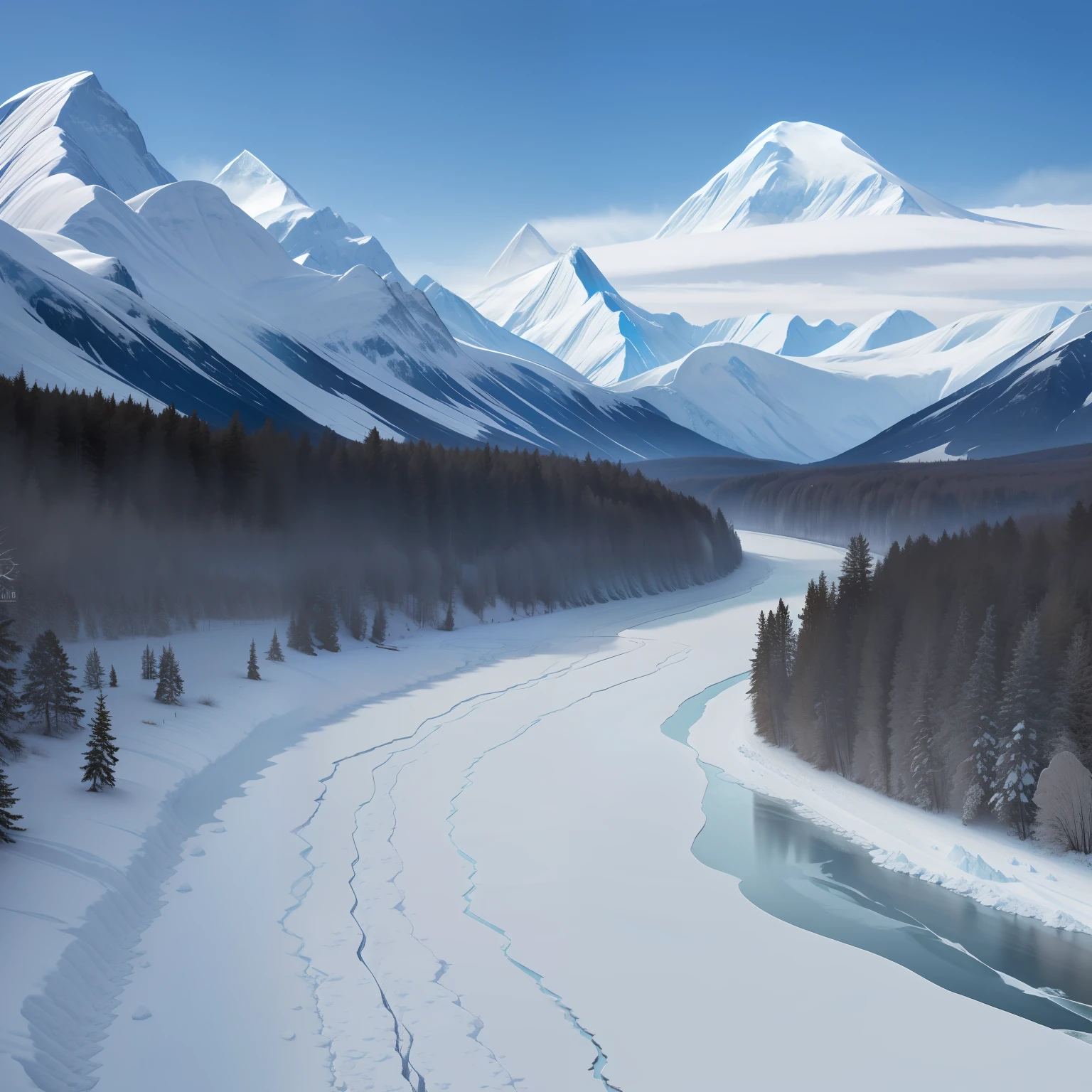 ice river，Majestic，Snow and ice cover，Take a cold breath，blue glacier，snow covered，The moment to freeze time，the peaks are towering，Flowing glaciers，Magnificent snow and ice landscape，A real sight，Ultra 4K，Realistic image quality