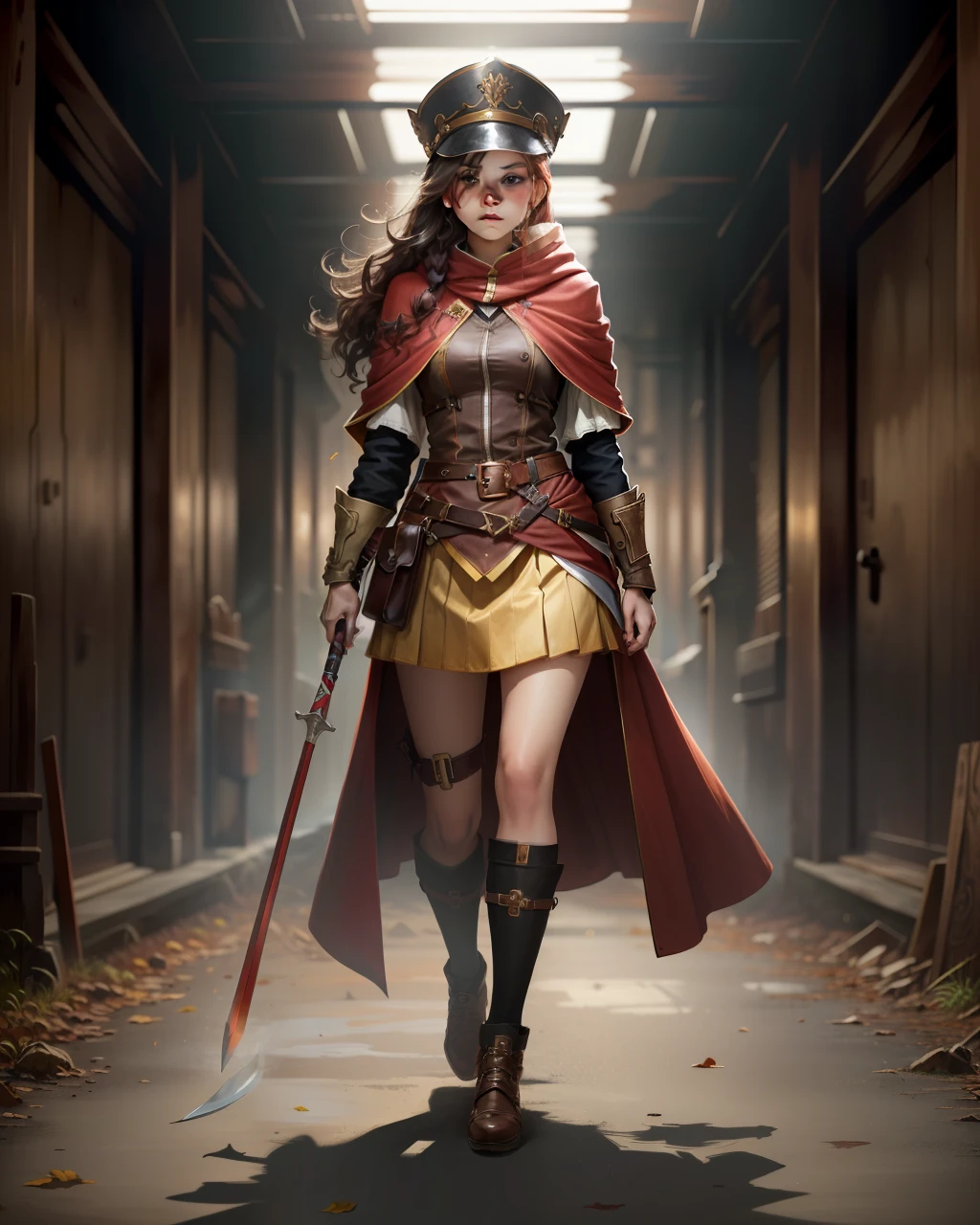 ((Best quality)), ((Masterpiece)), (Detailed), Ultra detailed, 1girll, Just stay, view the viewer, (interview:1.3), malenia blade of miquella, 1girll, mitts, Guro, Hat_feater, Face shield metal helmet, Metal helmet, Holding, Holding_arma, Long_Hair, Red_Hair, Solo, Right hand_Long blade, arma, Left hand_empty handed, Red_Cloak, right_Prosthetic arms, Copper_Long skirt, Copper_Metal shoes, standing, Whole body, Beautiful face, Female general