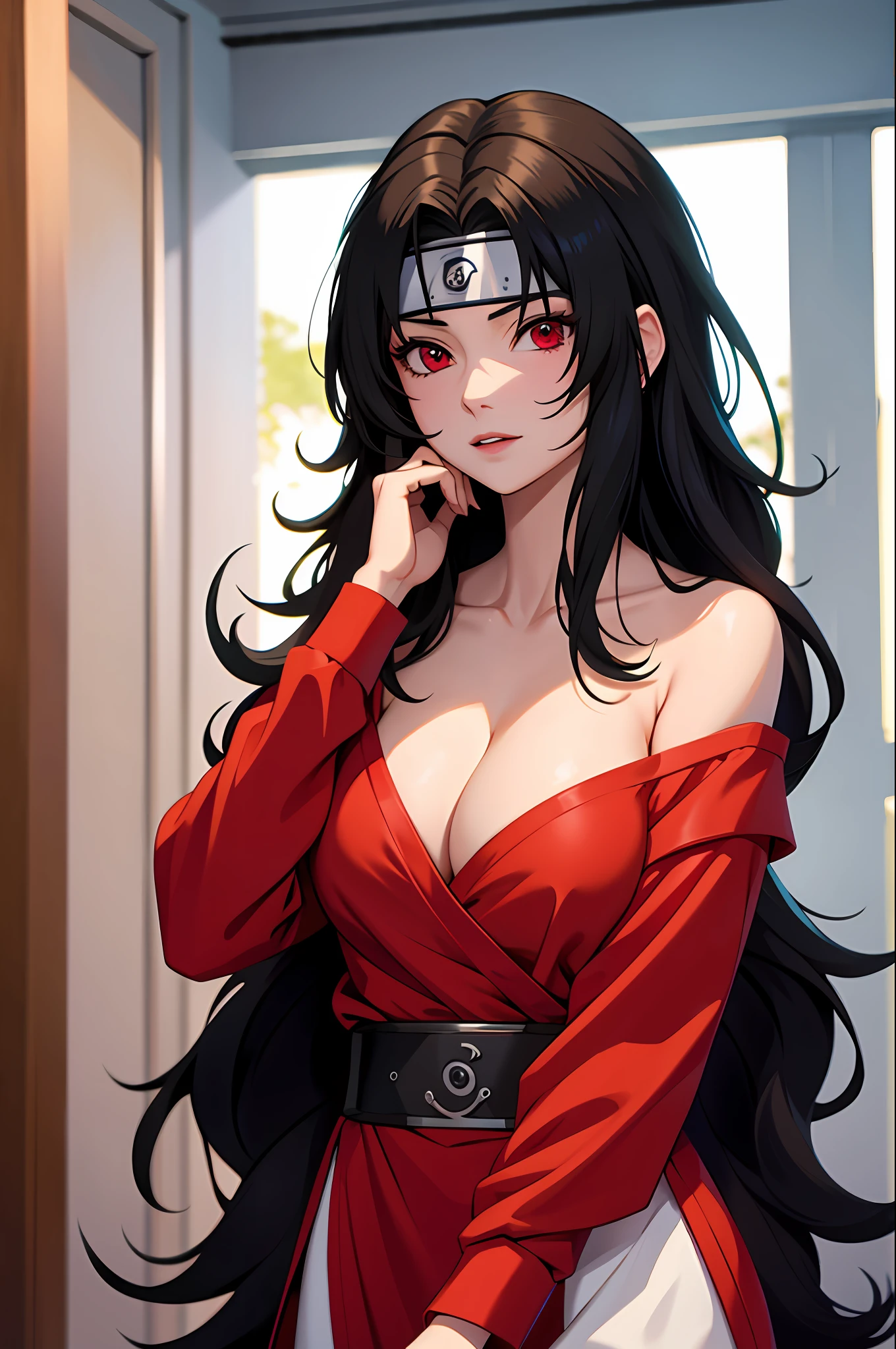 nar_kurenai_yuhi，Forehead protection，bandagens，full bodyesbian，red eyes，wariza，Off-the-shoulder attire，cleavage，little breast