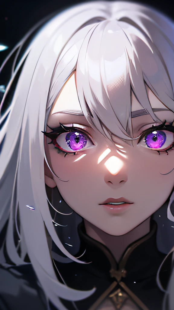 (masterpiece, best quality, ultra-detailed, best shadow), (detailed background,dark fantasy), (beautiful detailed face), high contrast, (best illumination, an extremely delicate and beautiful), ((cinematic light)), colorful, hyper detail, dramatic light, intricate details, (1girl, solo,white hair, sharp face,purple eyes, hair between eyes,dynamic angle), blood splatter, swirling black light around the character, depth of field,black light particles,(broken glass),magic circle,