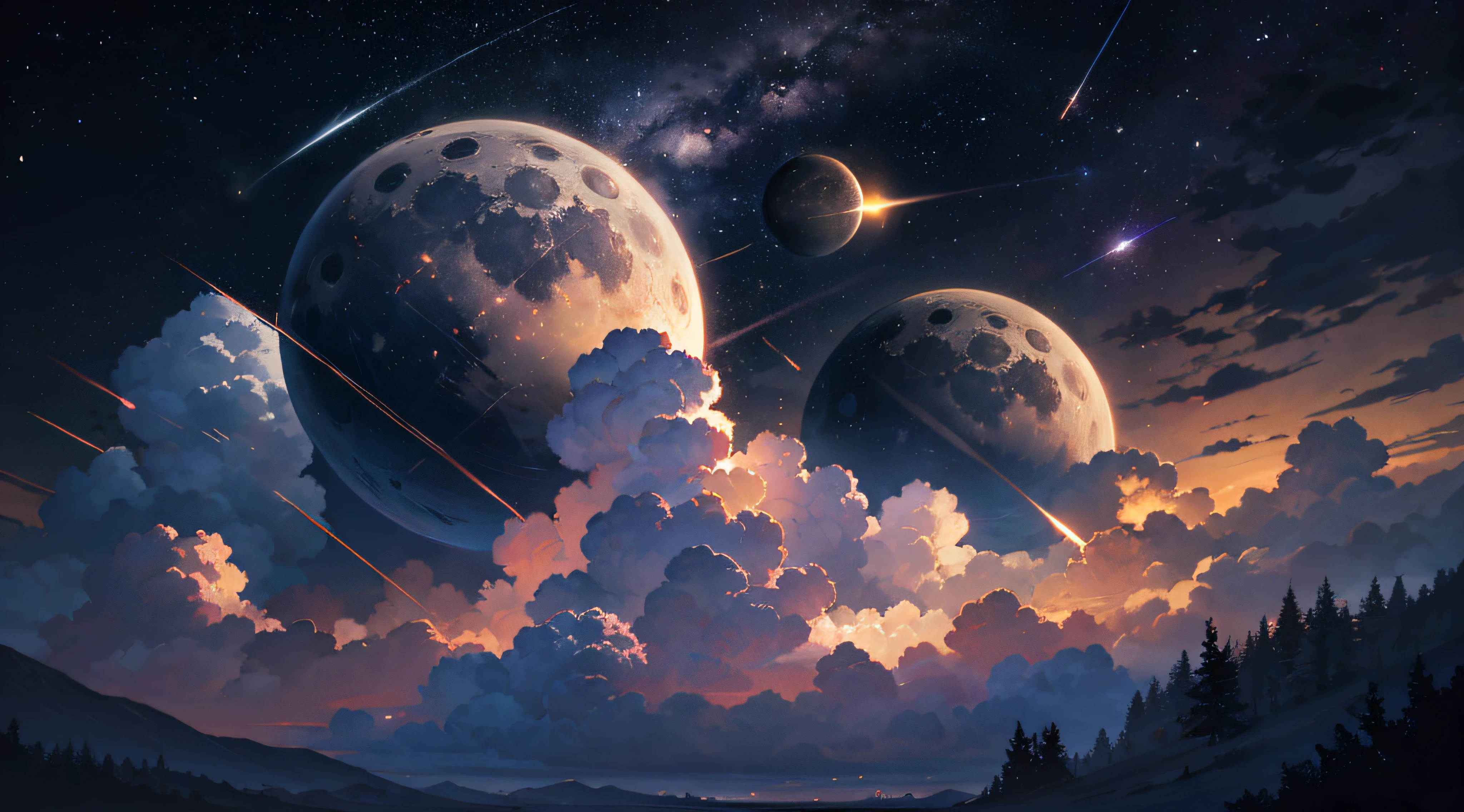 Expansive landscape photograph,(moon full:1.2),(meteors:0.9),(Starcloud:1.3),(Warm light source:1.2),(glowworm:1.2),lamp lights,Lots of purple and orange,Complicated details,Volumetriclighting,Realism BREAK(tmasterpiece:1.2),(best qualtiy),8K,Ultra-detailed,(dynamic compositions:1.4),The is very detailed,Colorful details,(Irridescent color:1.2),(luminouslighting,Atmospheric lighting),dream magical,magical,(独奏:1.2),((best qualtiy)), ((tmasterpiece)), (the detail:1.4),depth of fields,maximum definition and sharpness,perfectly proportions,Fluttering clouds,Wallpapers