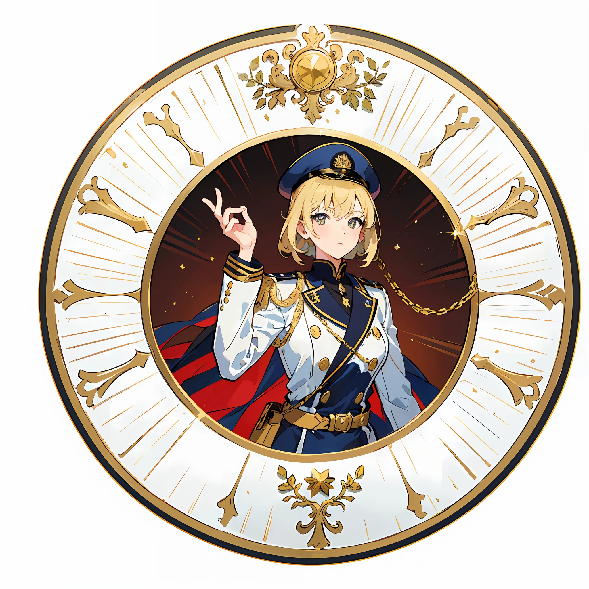 (Best quality, Masterpiece, offcial art, A high resolution:1.2), (One girl:1.2), woman(1个Giant Breast Girl, Masterpiece, Best quality, Ultra-detailed, illustration, finely detailed eyes and detailed face), view the viewer, full bodyesbian, Solo, (Navy blue officer uniform), (Gold accents in clothing), Brown leather belt with gold-tone buckle, (Medal on the chest), (Military rank symbol on the arm), (Military hat with gold symbols, Warm lighting, view the viewer, (medium shot photograph), (City Parliament building background), (suit), Black pantyhose,Anime style