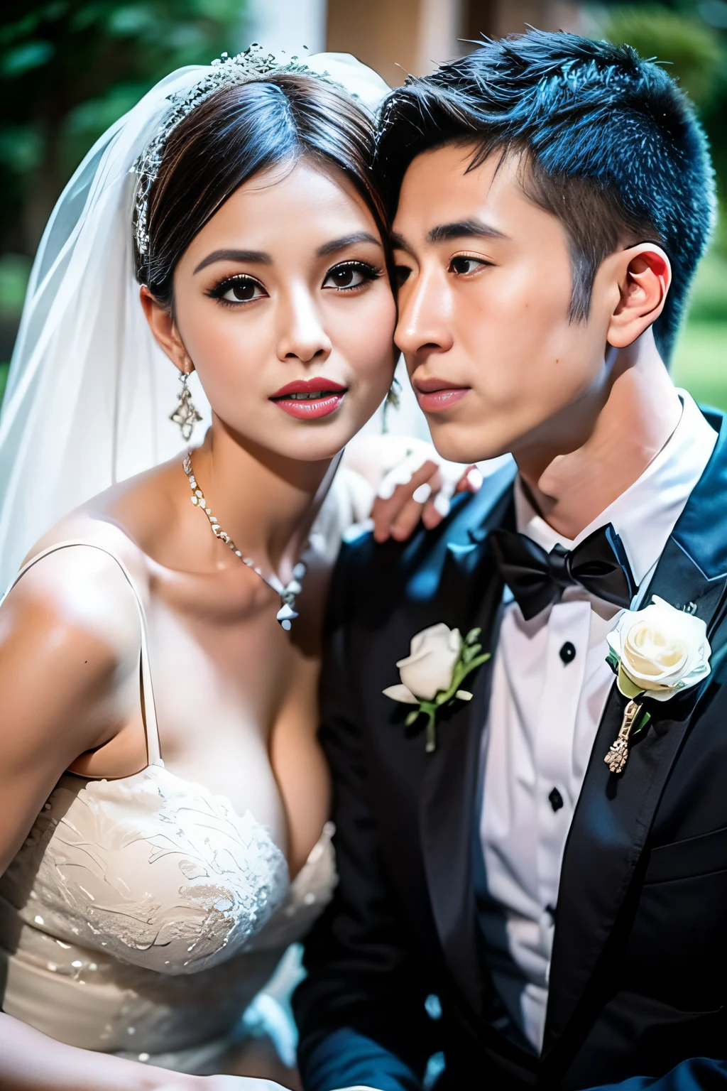 Fashion model 20 years old [[[[closeup cleavage]]]], [[[[boobgasm]]]], [[[[coll]]]], [[[[bshoulders]]]], perfect  eyes, Perfect iris，Perfect lips，perfect teeth，Perfect skin，Soft front light，hdr，A couple，wedding gown，Masculine man in suit，Gentle lady in wedding dress，Lady is slender face，slender nose；（pastel colour：1.2）