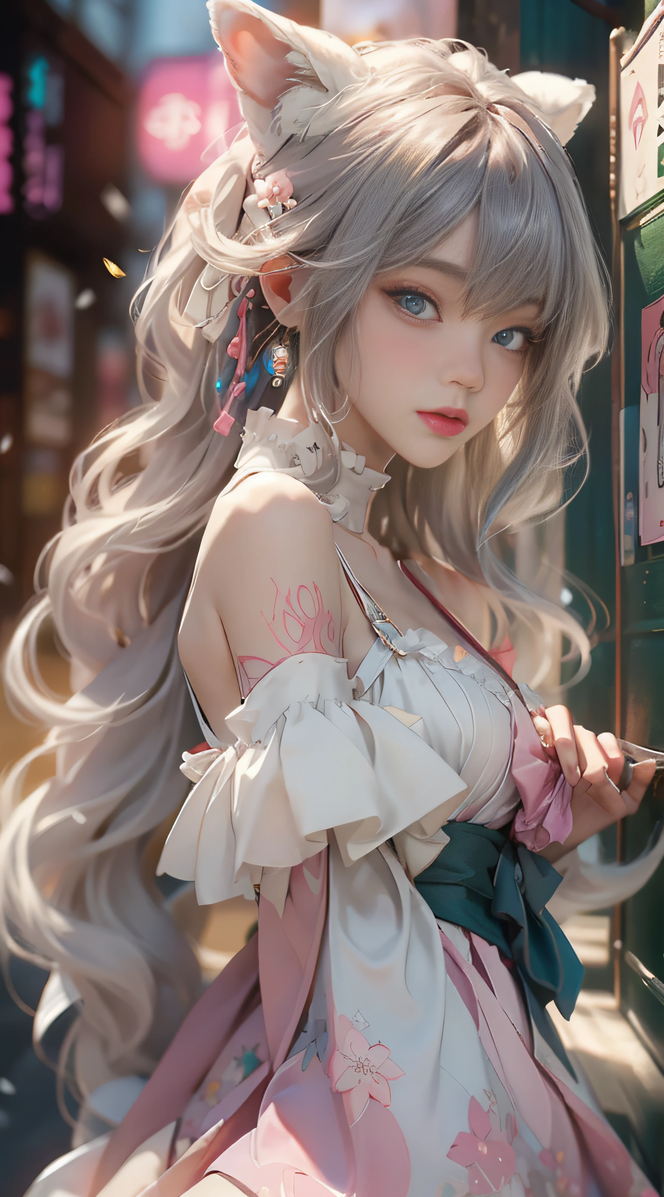 （（best qualtiy））， （（tmasterpiece））， （detail：1.4）， Beautiful cyberpunk female images，hdr（HighDynamicRange），Ray traching，NVIDIA RTX，Hyper-Resolution，illusory 5，sub surface scattering，PBR textures，post-proces，Anisotropy Filtering，depth of fields，maximum definition and sharpness，Many-Layer Textures，Albedo e mapas Speculares，Surface coloring，Mitsu-Accurate simulation of material interactions，perfectly proportioned，rendering by octane，Two-colored light，largeaperture，Low ISO，White balance，Rule three points、8K raw data、Beautiful bright blue pupils，off-the-shoulder clothes，Fine pupils，Delicate face and eyes，long eyelasher，Blushlush，Delicate and fluffy hair，pink lip，Pure，Cute face，Sweet girl，Artistic sense，Casual wear，Advancedsense，butterflys，Cherry blossom petal，Beautiful hair accessories，Long hair and waist，Hair fluttering in the wind，Snow-white fox ears，curlies，Snow-white fluffy tail，Positive light，The light from the back window is backlighted
