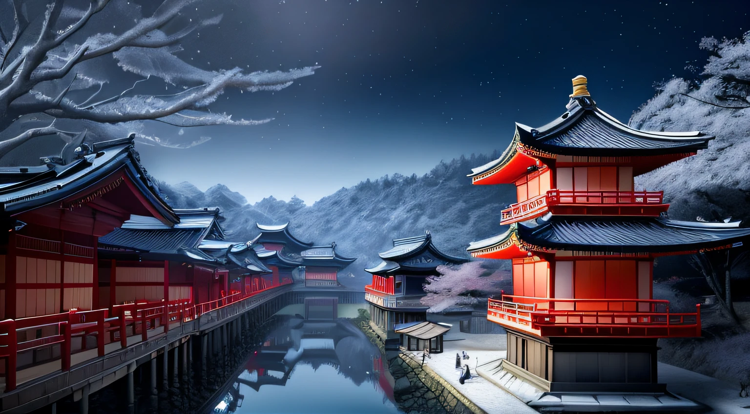 A photo taken from a computer screen in a Japanese village, Beautiful rendering of the Tang Dynasty, traditional japanese concept art, akihiko yoshida. illusory engine, beautiful anime scenes, japanese town, inspired by Kanō Hōgai, Beautiful digital artwork, 8K high quality detailed art, Beautiful wallpaper, Moonlight snow, Anime background art, digital painting of a pagoda