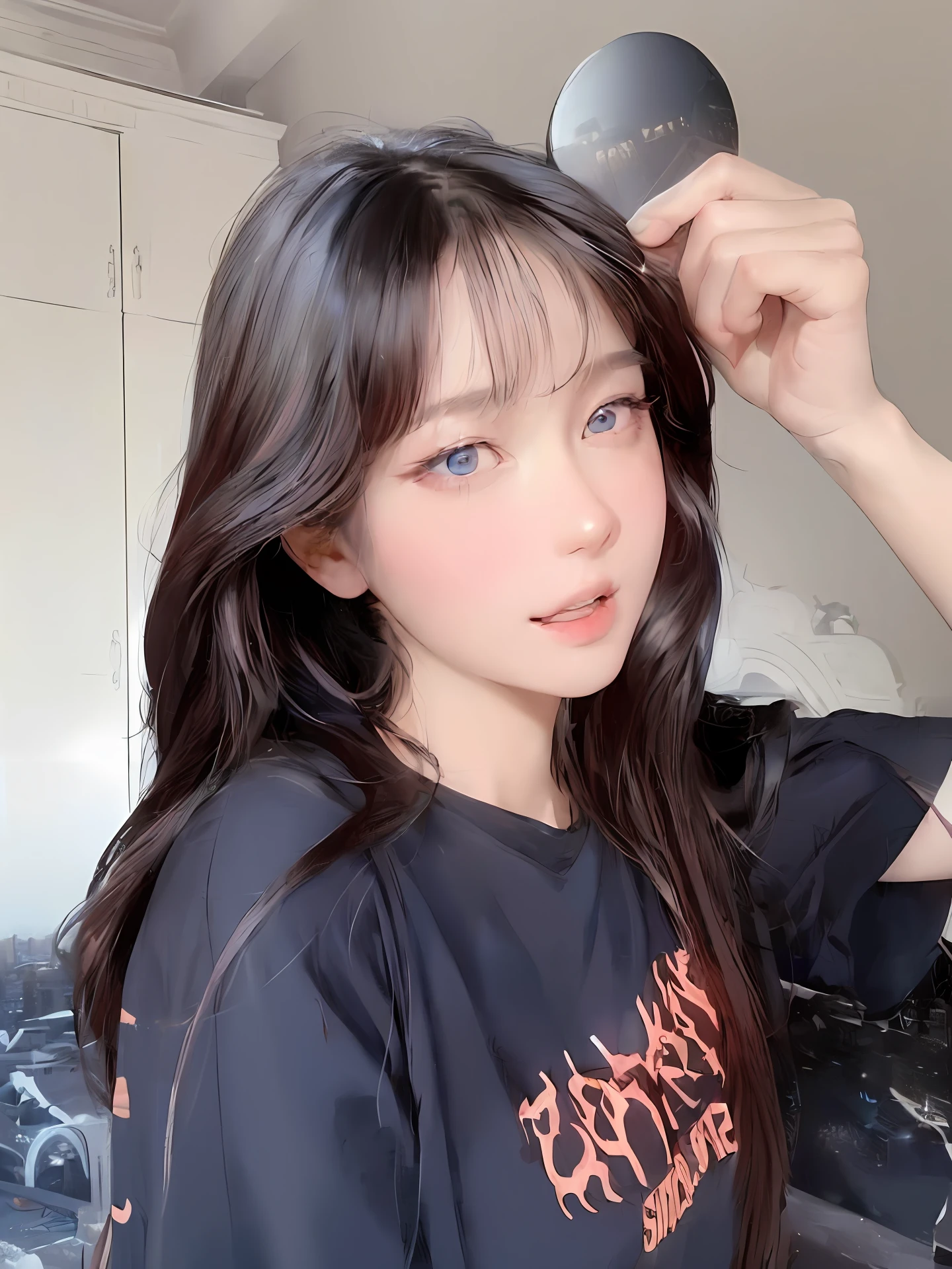 official art, masterpiece, sharp focus, (beautiful gorgeous cute Korean woman:1.3), (beautiful cute korean:1.3), korean beauty, Delicate and beautiful hair and eyes and face, realistic, ultra detailed, beautiful girl, blue sky, glow white particle, (sidelighting:1.2), sun light, white cloud, detailed clouds, slender, Lovely very large breasts and very large hips, smile with teeth, ((smile with eyes, open both eyes)), scenery, long straight hair, sexy facial expression, building, (cityscape:1.7), dynamic hair, long straight hair, detailed platinum pink hair, glow blue eyes, (blue pleated shirts + white skirt), white long socks, pale skin, hair ornament, epic scenery,