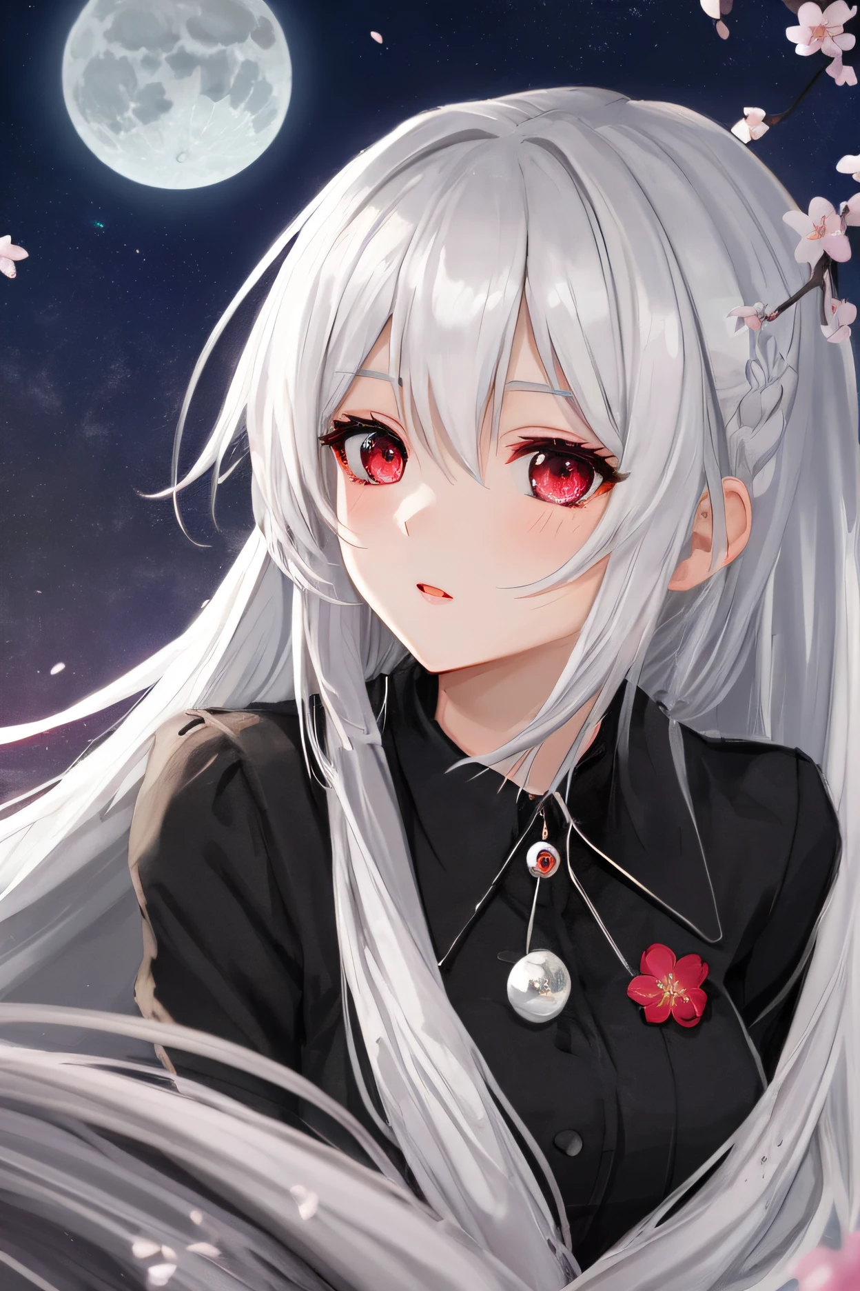 White hair, Girl, Close up, Black suit, Close up, full bodyesbian, the cherry trees, sakura, 
 Girl, Cute face, amazing body, Long hair, Masterpiece, Flowers, zoom,  Night, Moon, ahegao face, Sparkling eyes, (Red eyes:1.3),