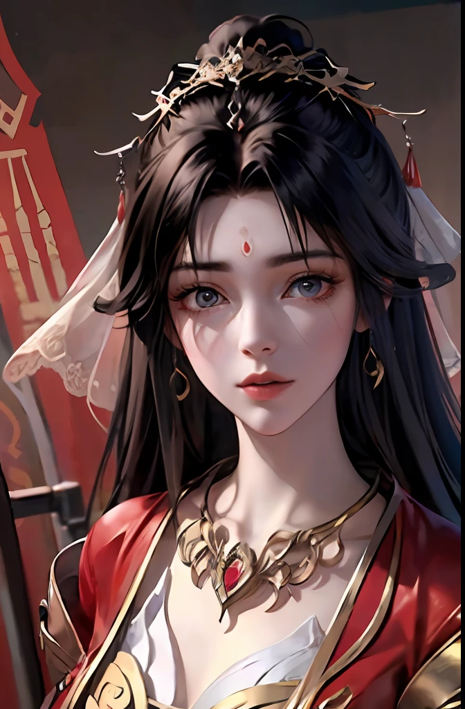 （tmasterpiece，top Quority，best qualtiy，offcial art，Beautiful and aesthetic：1.2），（1girll），Extremely detailed，Colorful，highestdetailed，offcial art，统一 8k 壁纸，ultra - detailed，Beautiful and aesthetic，big breasts beautiful，tmasterpiece，best qualtiy, long whitr hair，Beautiful face，（a color），Ancient Chinese clothes，Western Regions clothing，gossamer，gold chains，red color Hanfu，Phnom Penh embroidery, (zentangle, mandalas, Tangled, entangle) , Yuechan_Wedding_lothes,