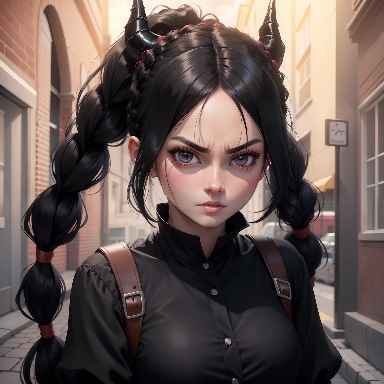 black hair, braided ponytail, black hair, demon horns, rolling eyes, Romanticism, anime, 8k, super detail, UHD