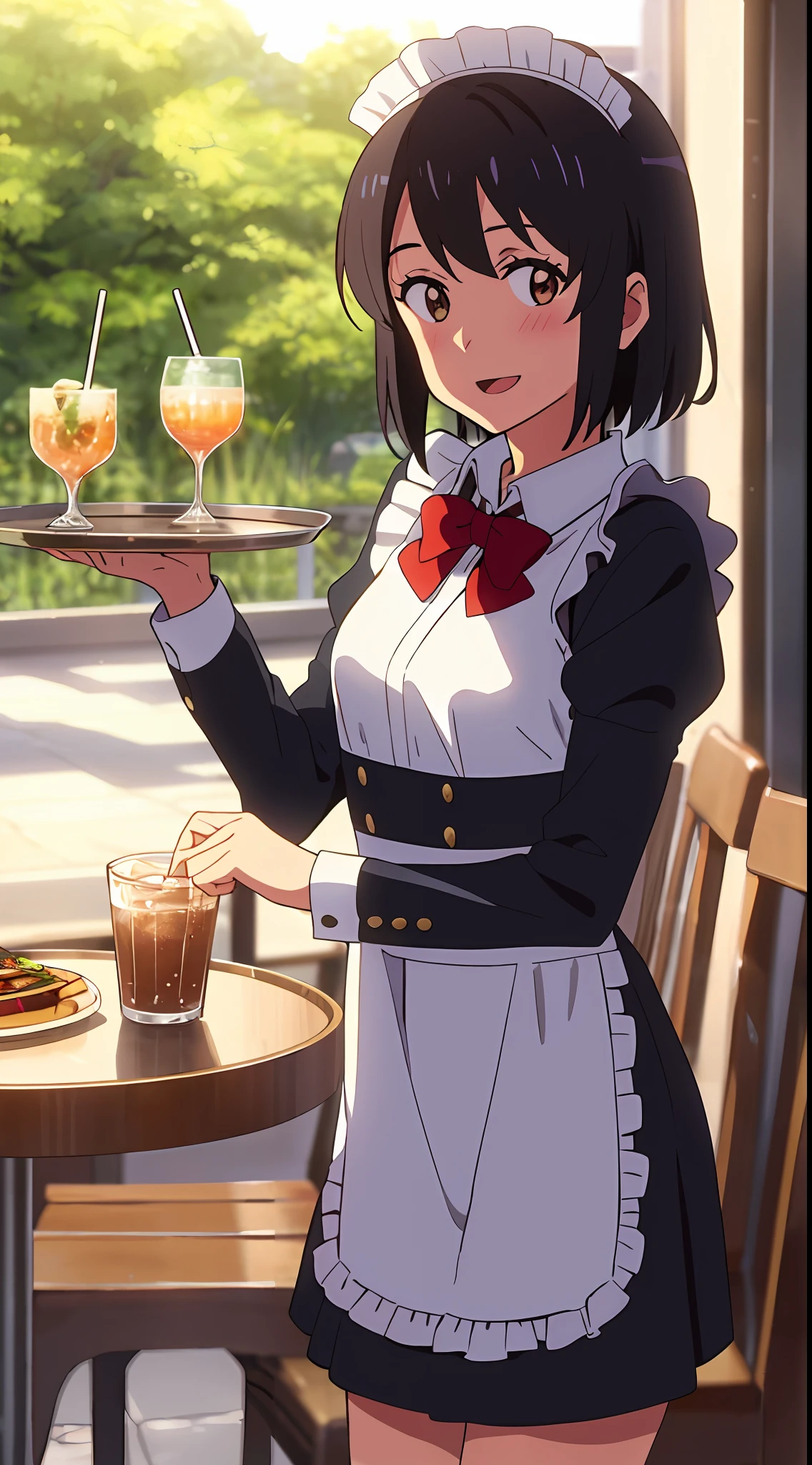 shinkai makoto, kimi no na wa., 1girl, bangs, black hair, blush, brown eyes, red ribbon, red bow, maid uniform, headdress, dress, apron, looking at the viewer, short hair, collarbone, cute, smile, open mouth, solo, long sleeves, indoors, cafe, resto, foods, drinks, table and chair, cleaning, tray, tray in one hand