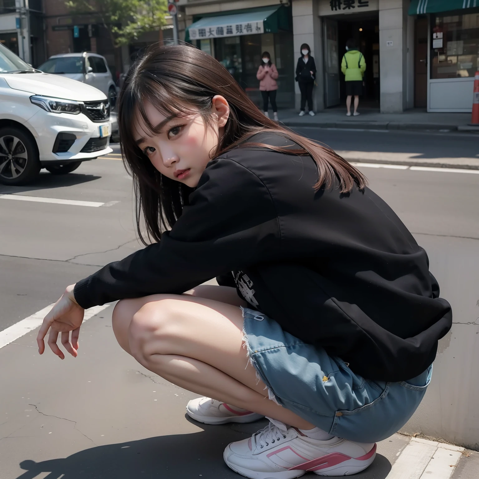 In the street、Inner Stock、Squatting、One beauty、Facing down、Embarrassed face