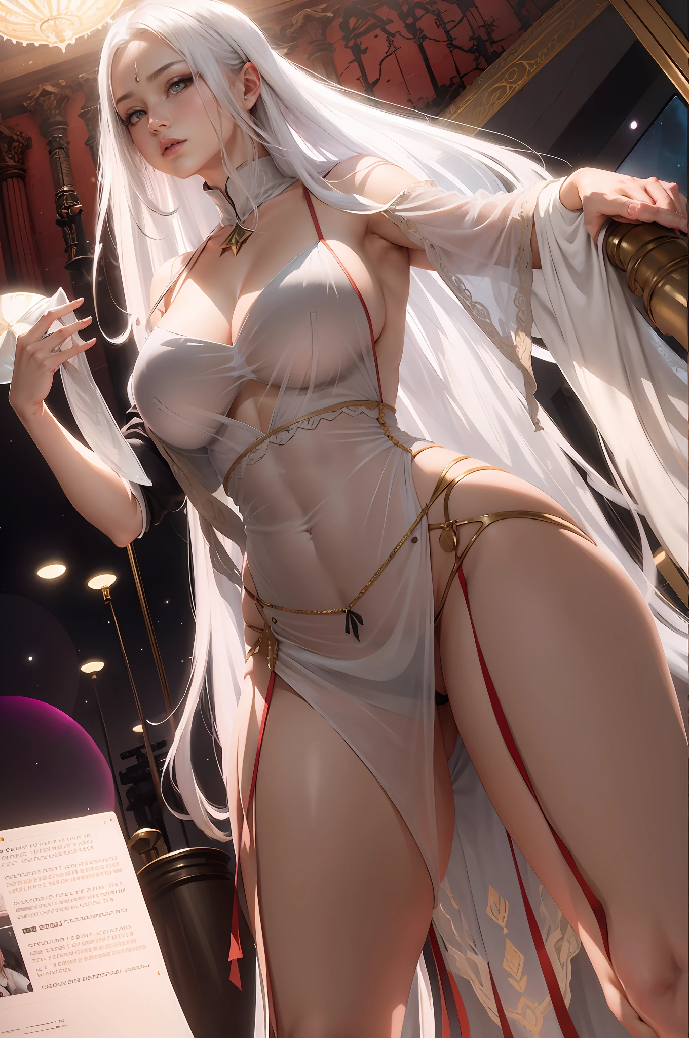 ((best qualtiy)), ((tmasterpiece)), (the detail:1.4), 3D, A beautiful cyberpunk female image,hdr（HighDynamicRange）,Ray traching,NVIDIA RTX,Hyper-Resolution,Unreal 5,Subsurface scattering、PBR Texture、post-proces、Anisotropy Filtering、depth of fields、maximum definition and sharpness、Many-Layer Textures、Albedo e mapas Speculares、Surface coloring、Accurate simulation of light-material interactions、perfectly proportions、rendering by octane、Two-colored light、largeaperture、Low ISO、White balance、the rule of thirds、8K raw data、Raised translucent top, Smaller top, Smaller white lace shorts, Raised, Mature feminization, Flattering eyes, White lace translucent top，Flat and bare lower abdomen